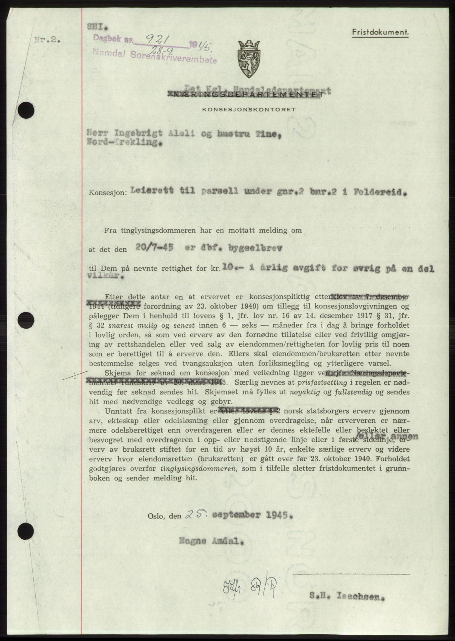 Namdal sorenskriveri, SAT/A-4133/1/2/2C: Pantebok nr. -, 1944-1945, Dagboknr: 921/1945