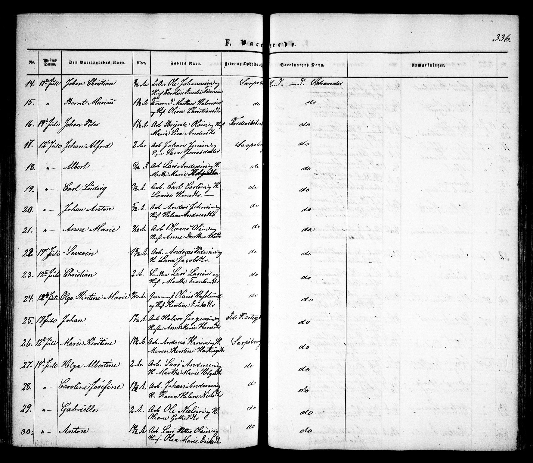 Sarpsborg prestekontor Kirkebøker, AV/SAO-A-2006/F/Fa/L0001: Ministerialbok nr. 1, 1859-1868, s. 336