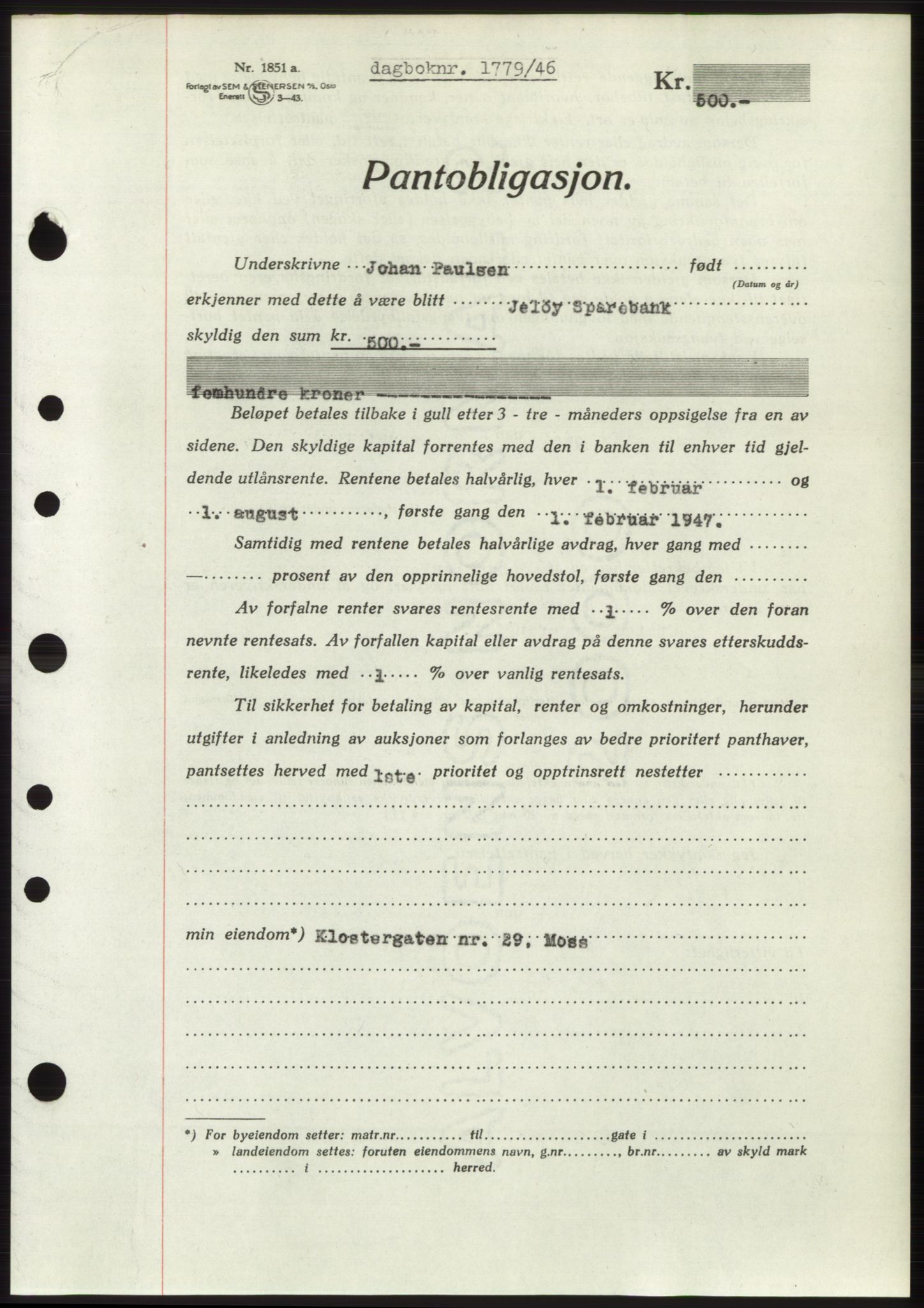 Moss sorenskriveri, SAO/A-10168: Pantebok nr. B15, 1946-1946, Dagboknr: 1779/1946