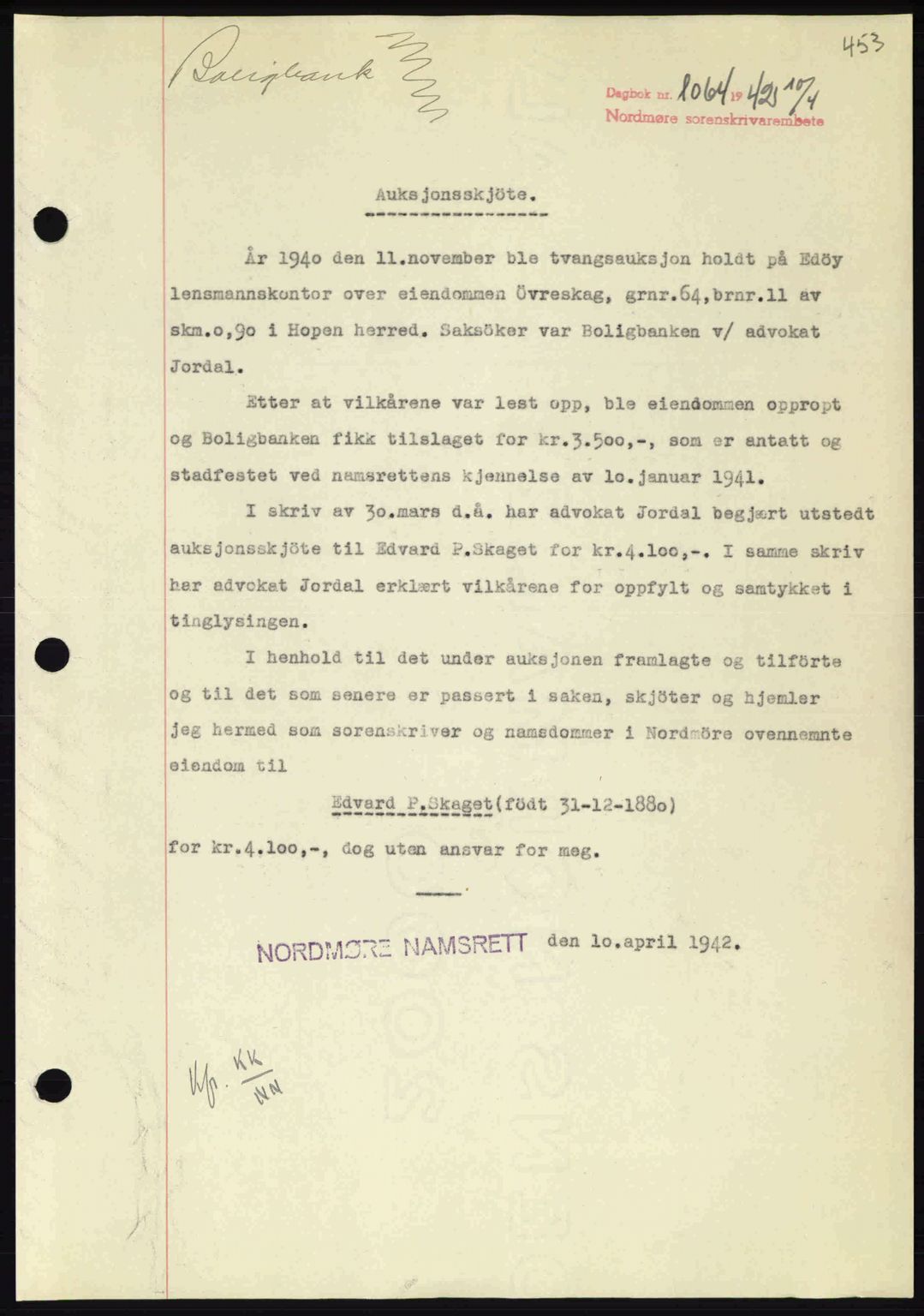 Nordmøre sorenskriveri, SAT/A-4132/1/2/2Ca: Pantebok nr. A92, 1942-1942, Dagboknr: 1064/1942