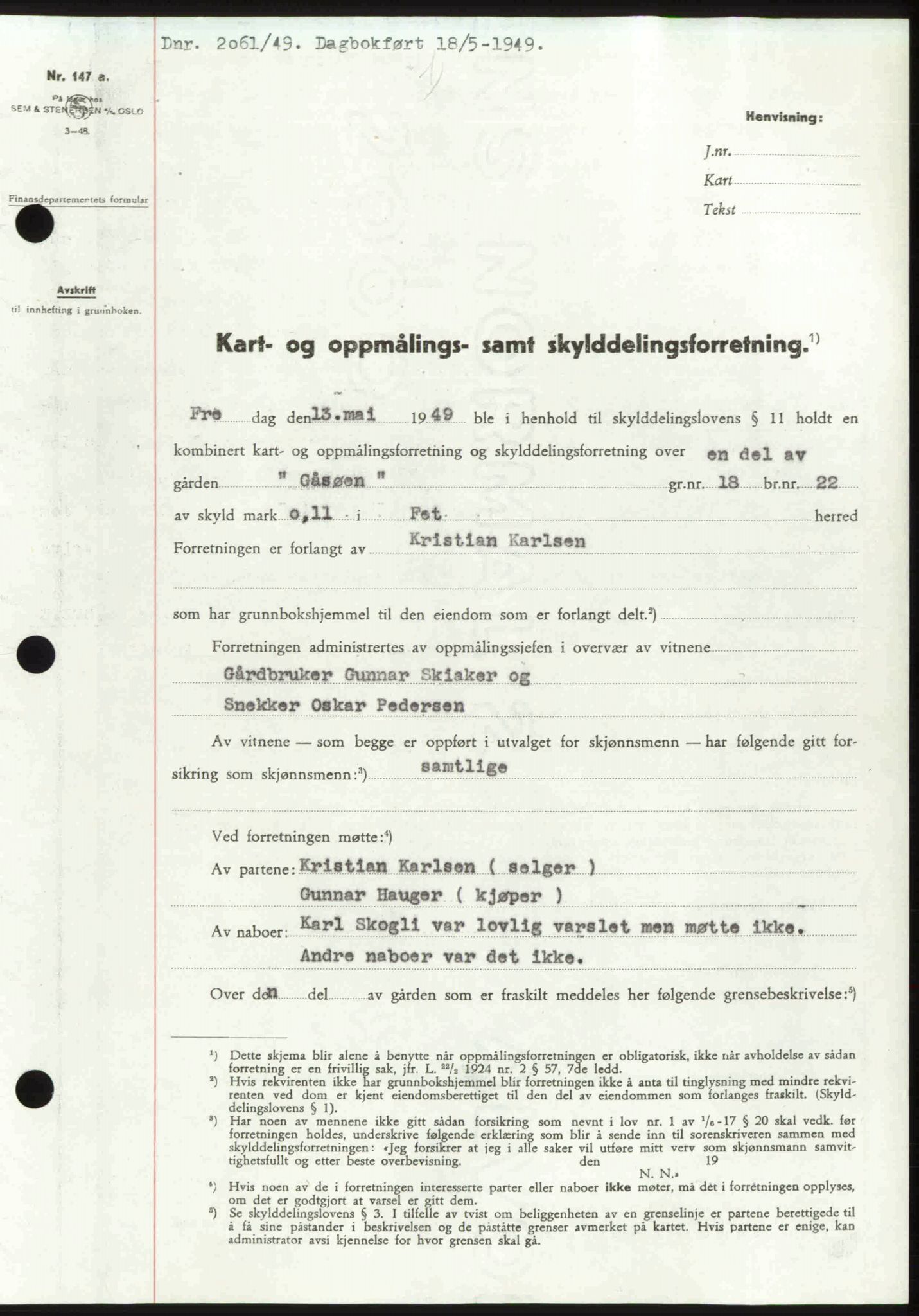 Nedre Romerike sorenskriveri, SAO/A-10469/G/Gb/Gbd/L0025: Pantebok nr. 25, 1949-1949, Dagboknr: 2061/1949