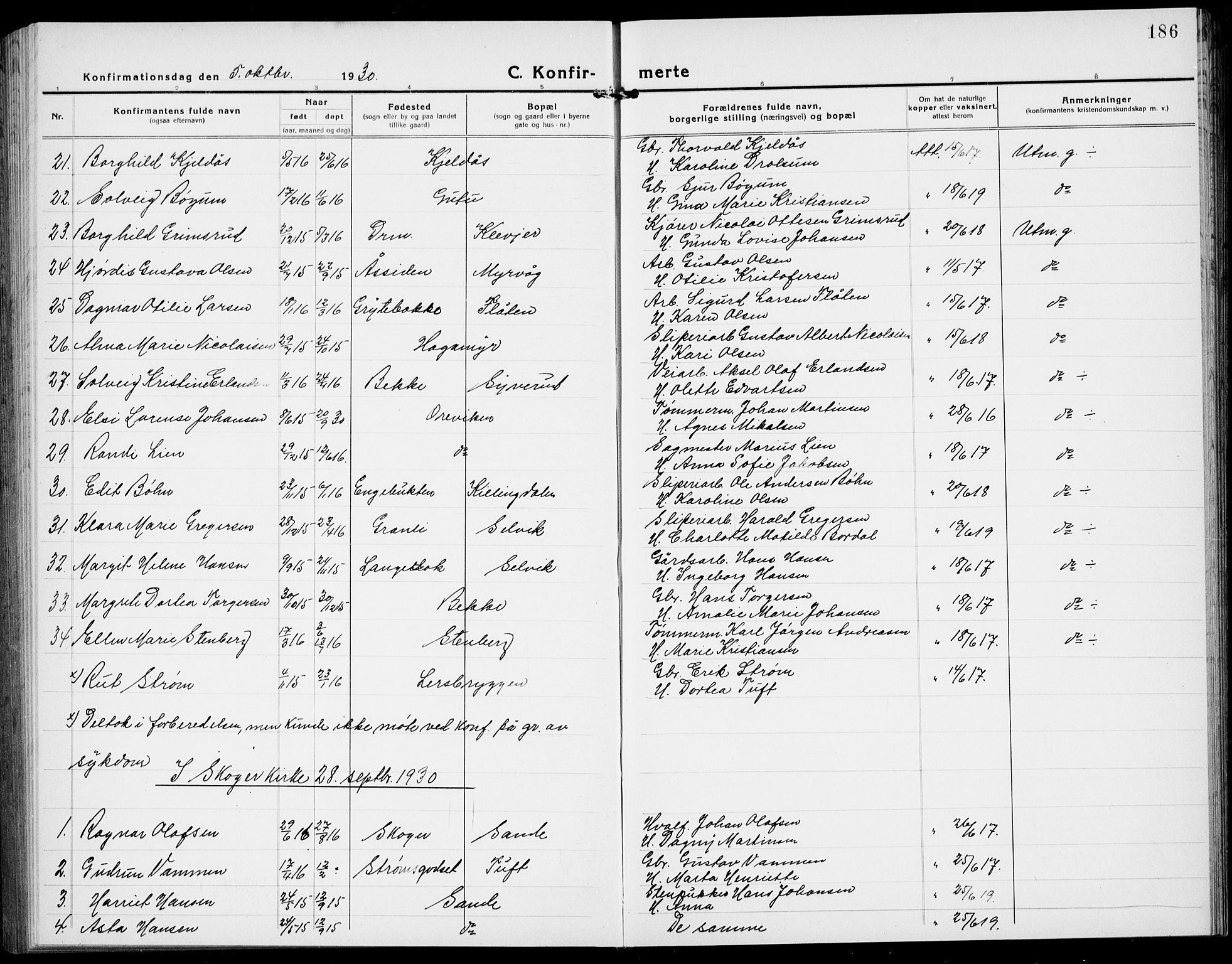 Sande Kirkebøker, AV/SAKO-A-53/G/Ga/L0005: Klokkerbok nr. 5, 1919-1937, s. 186