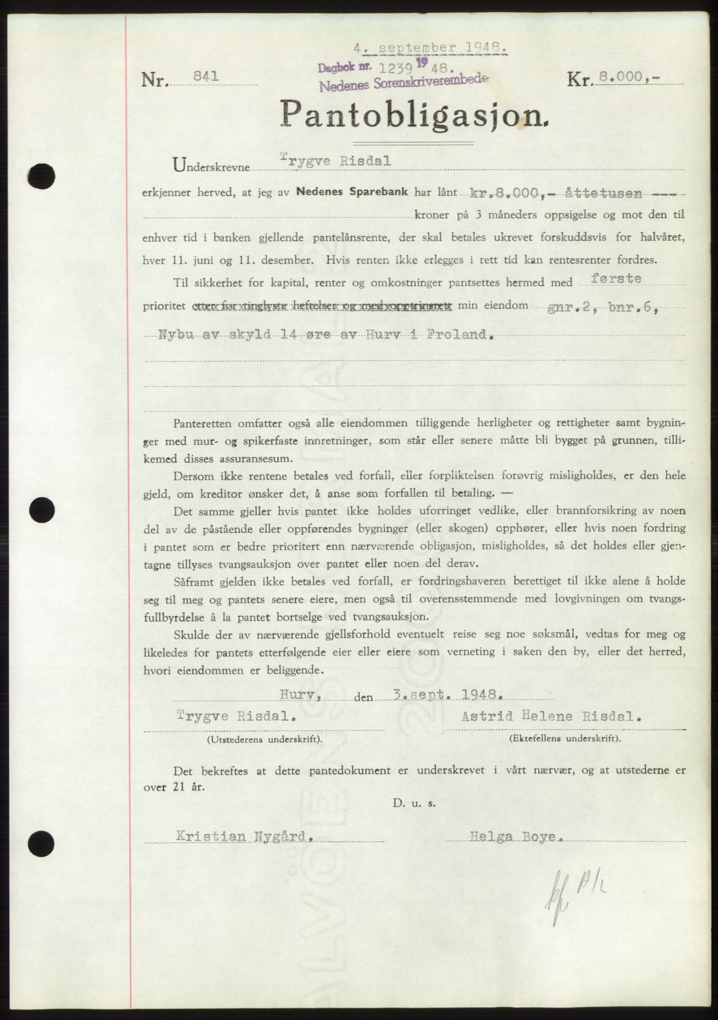 Nedenes sorenskriveri, AV/SAK-1221-0006/G/Gb/Gbb/L0005: Pantebok nr. B5, 1948-1948, Dagboknr: 1239/1948