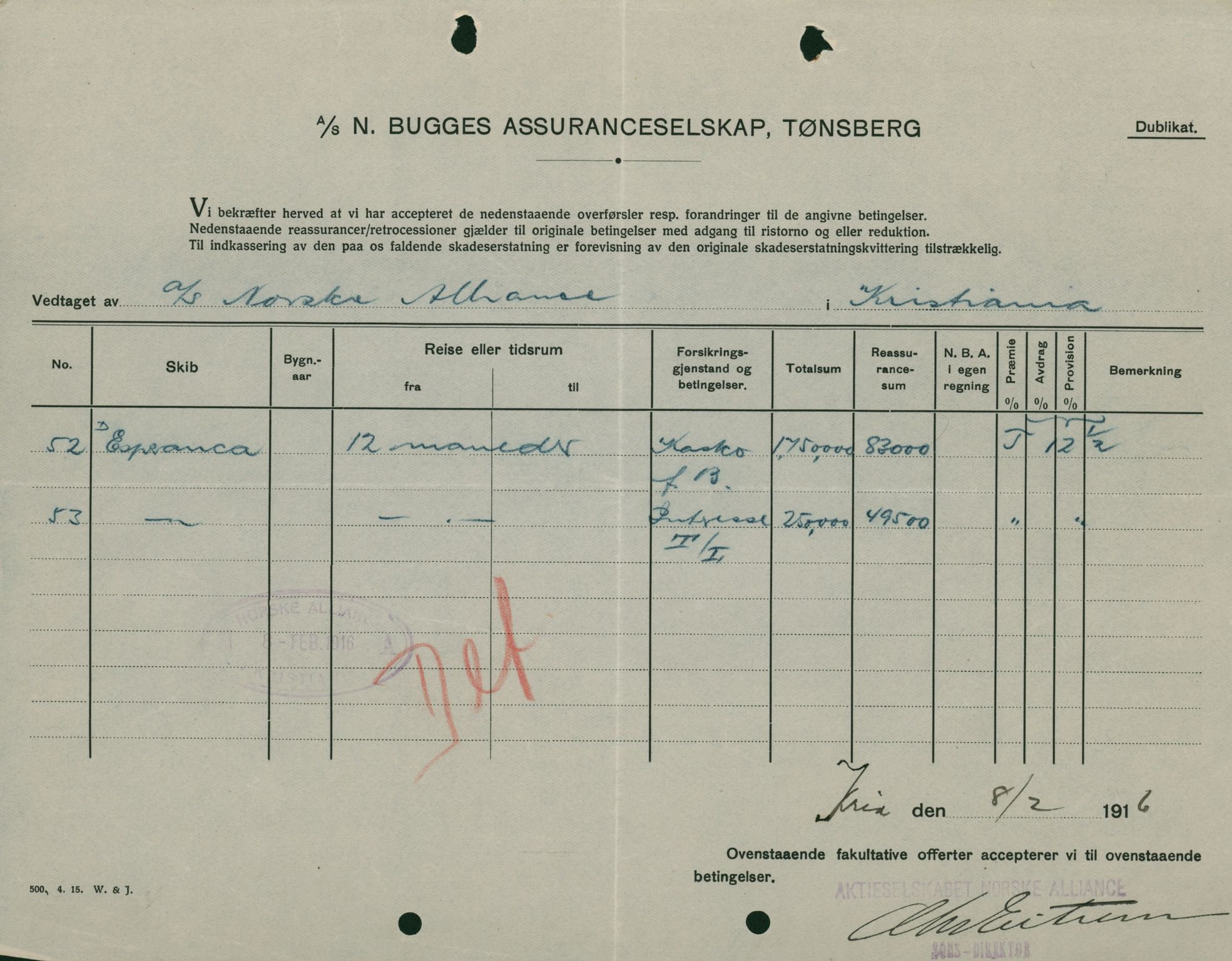 Pa 664 - Tønsberg Sjøforsikringsselskap, VEMU/A-1773/F/L0001: Forsikringspoliser, 1915-1918