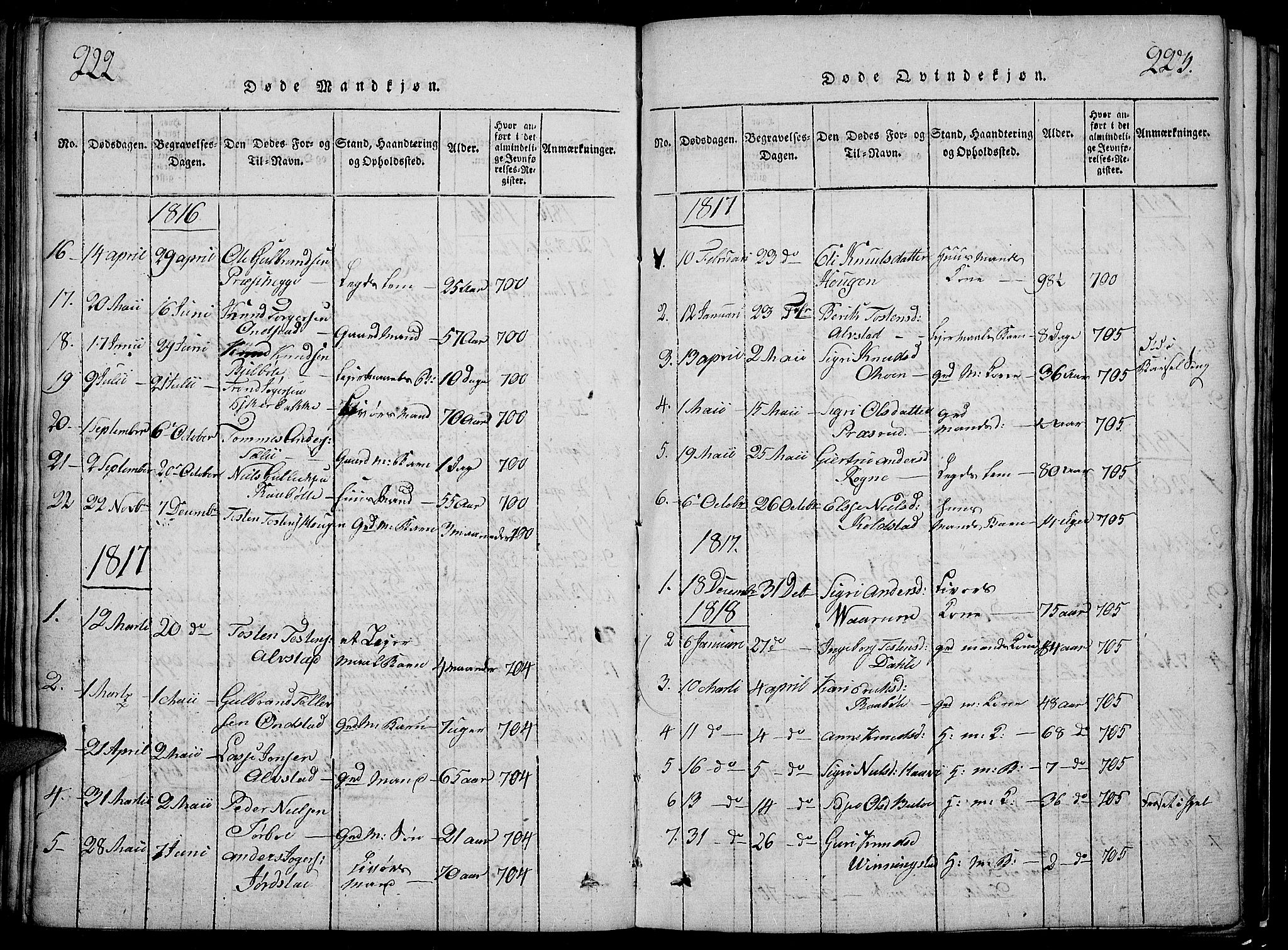 Slidre prestekontor, AV/SAH-PREST-134/H/Ha/Hab/L0002: Klokkerbok nr. 2, 1814-1839, s. 222-223