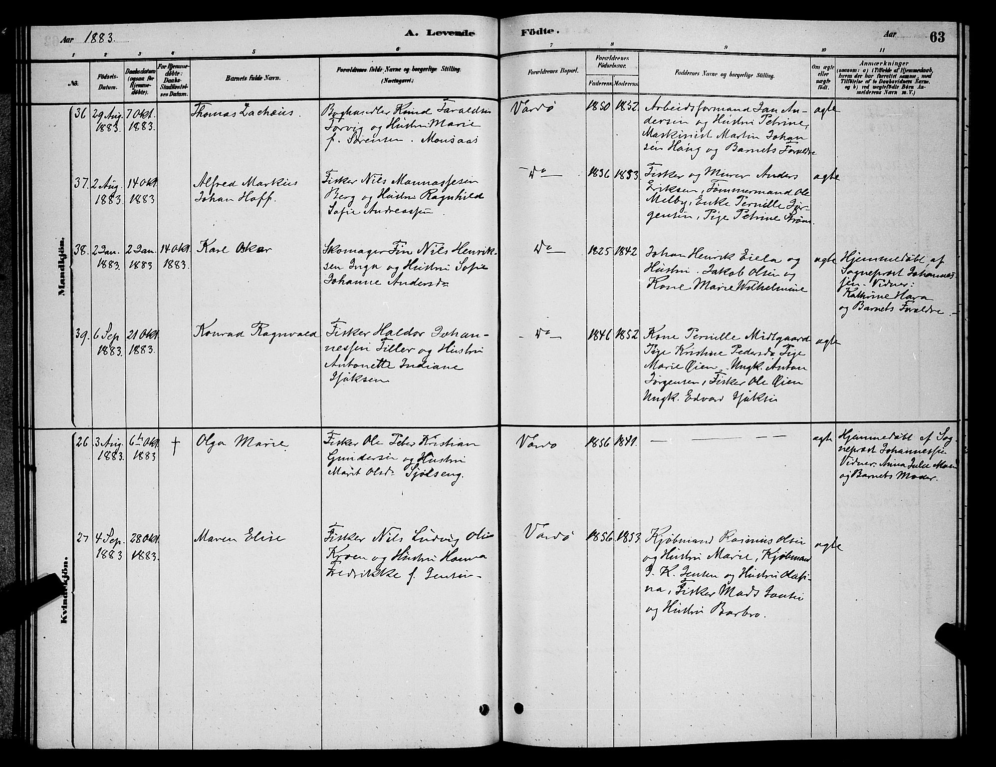Vardø sokneprestkontor, AV/SATØ-S-1332/H/Hb/L0004klokker: Klokkerbok nr. 4, 1879-1887, s. 63