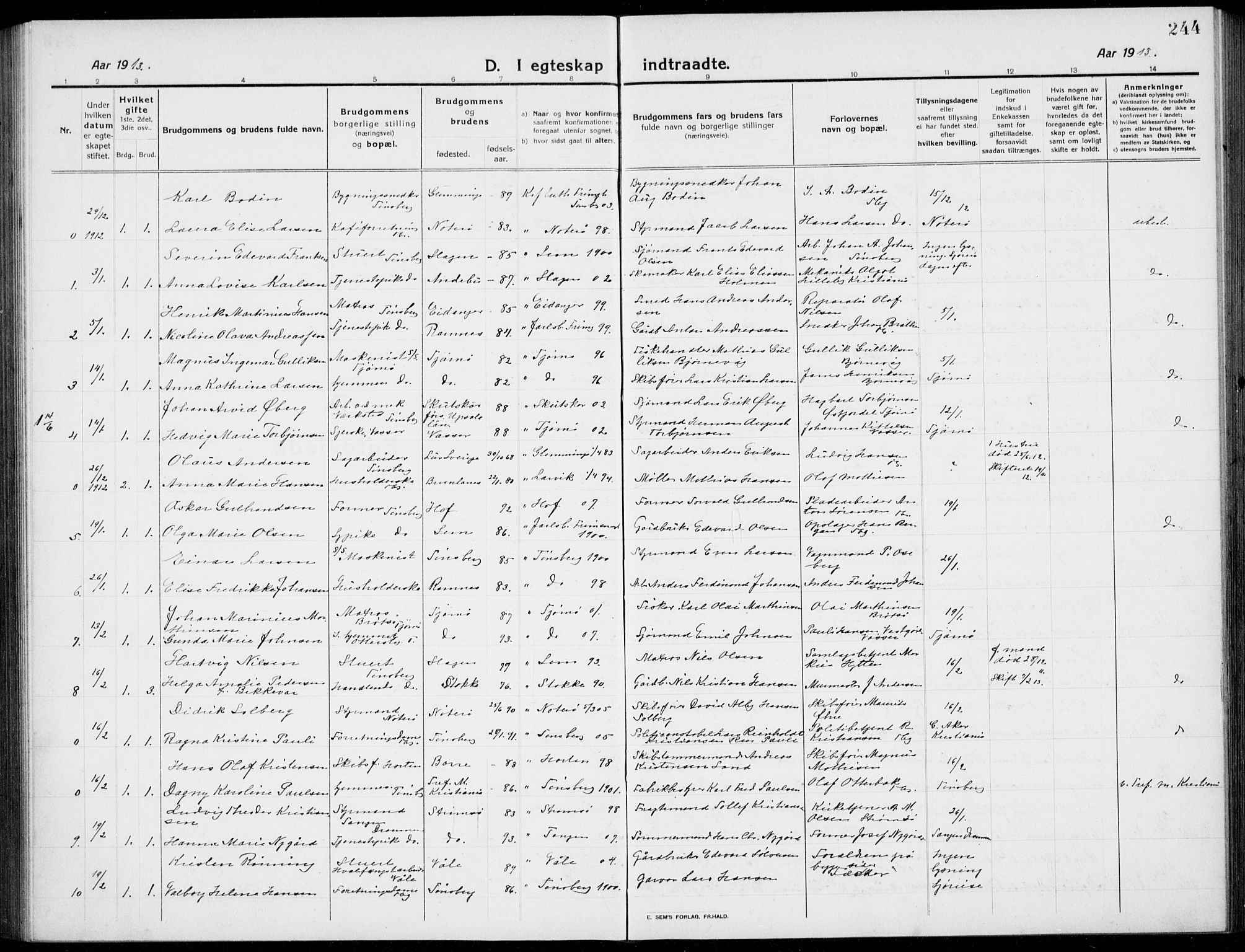 Tønsberg kirkebøker, AV/SAKO-A-330/G/Ga/L0009: Klokkerbok nr. 9, 1913-1920, s. 244