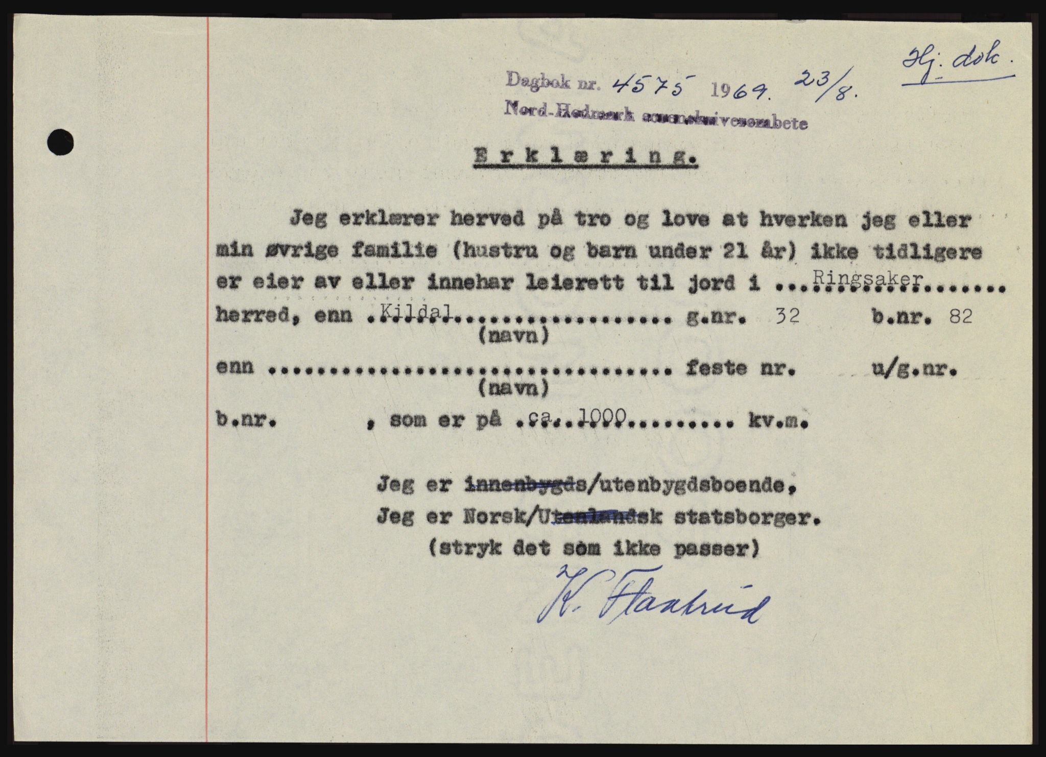 Nord-Hedmark sorenskriveri, SAH/TING-012/H/Hc/L0031: Pantebok nr. 31, 1969-1969, Dagboknr: 4575/1969