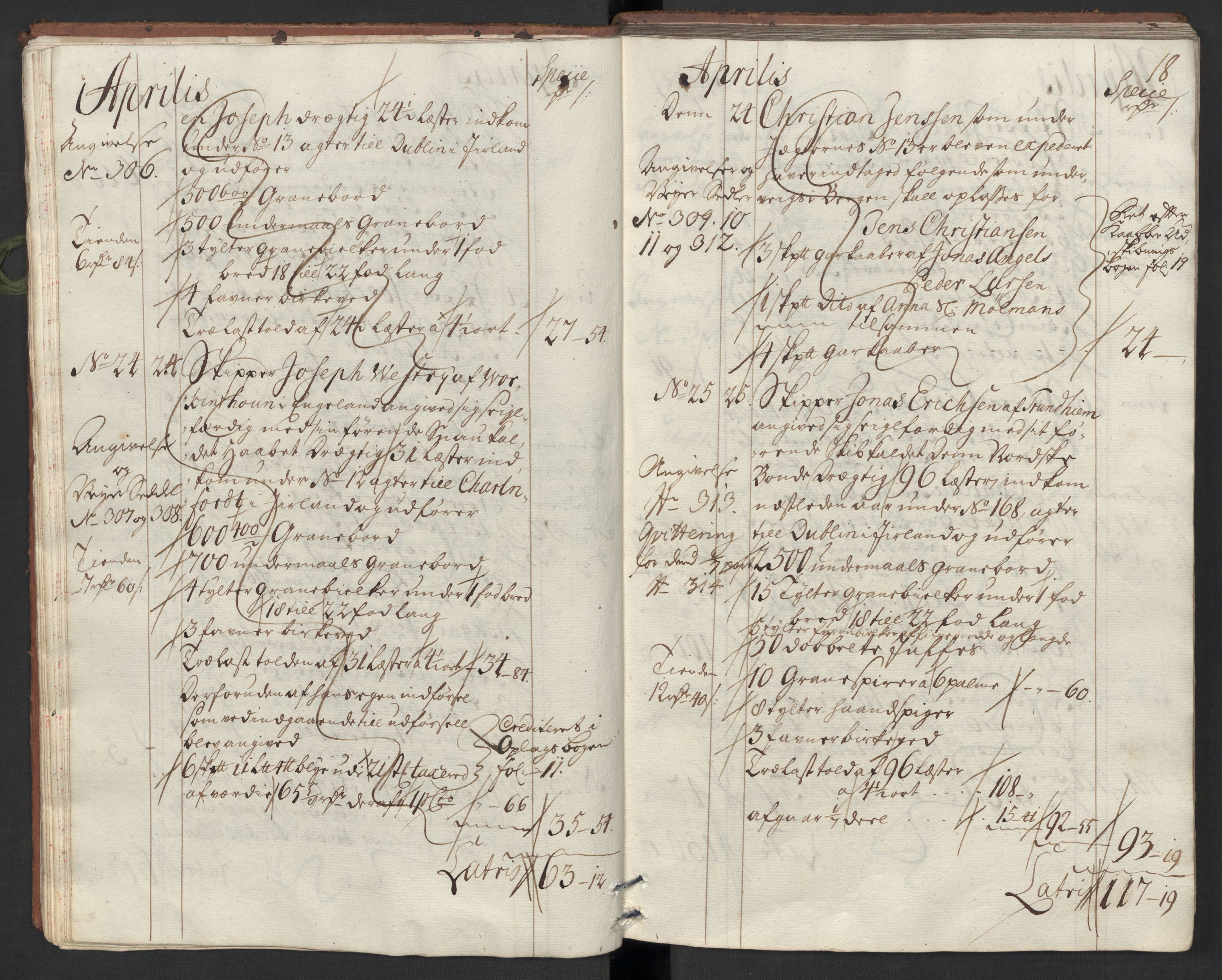 Generaltollkammeret, tollregnskaper, AV/RA-EA-5490/R33/L0013/0002: Tollregnskaper Trondheim A / Utgående tollbok, 1731, s. 17b-18a