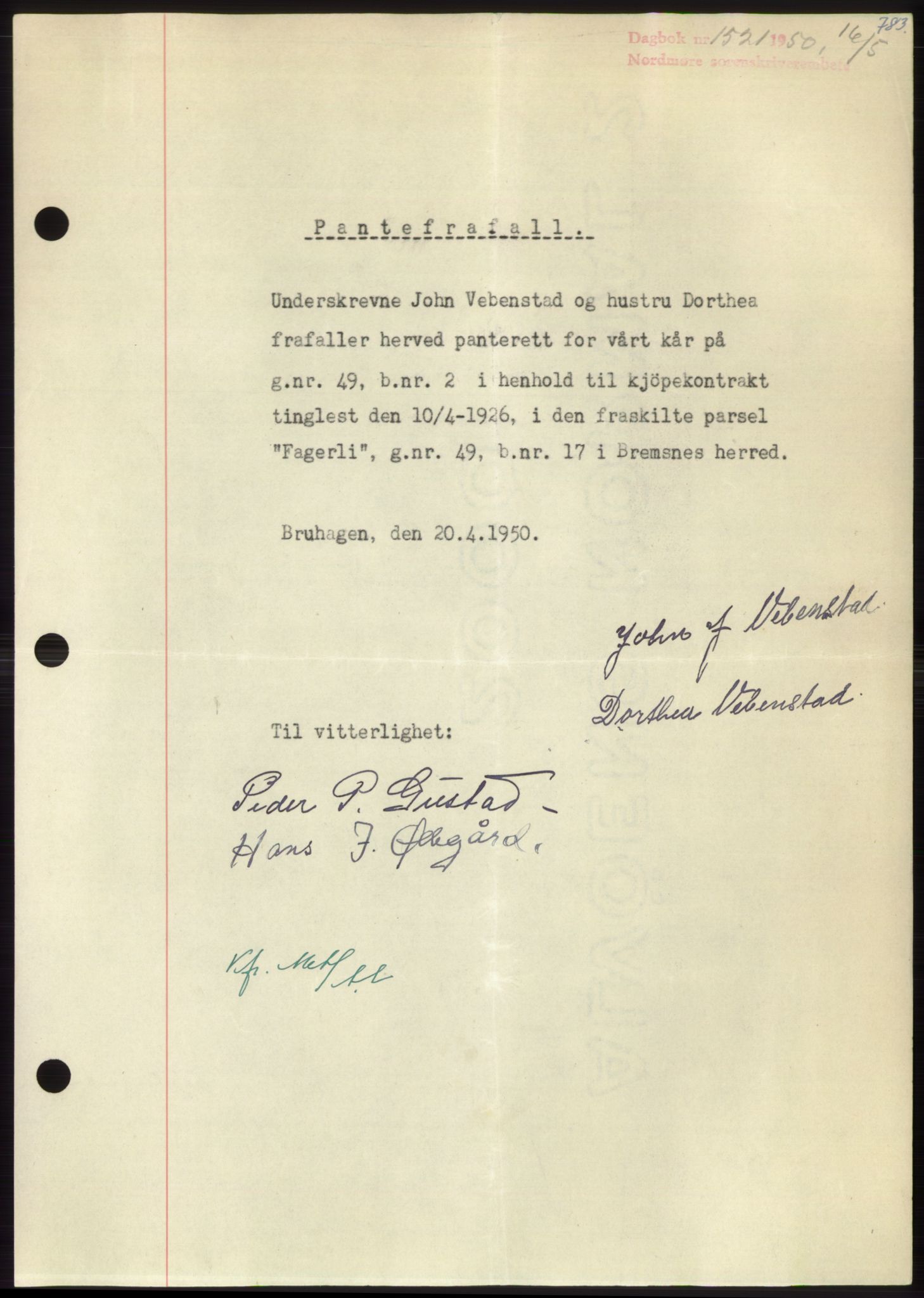 Nordmøre sorenskriveri, SAT/A-4132/1/2/2Ca: Pantebok nr. B104, 1950-1950, Dagboknr: 1521/1950