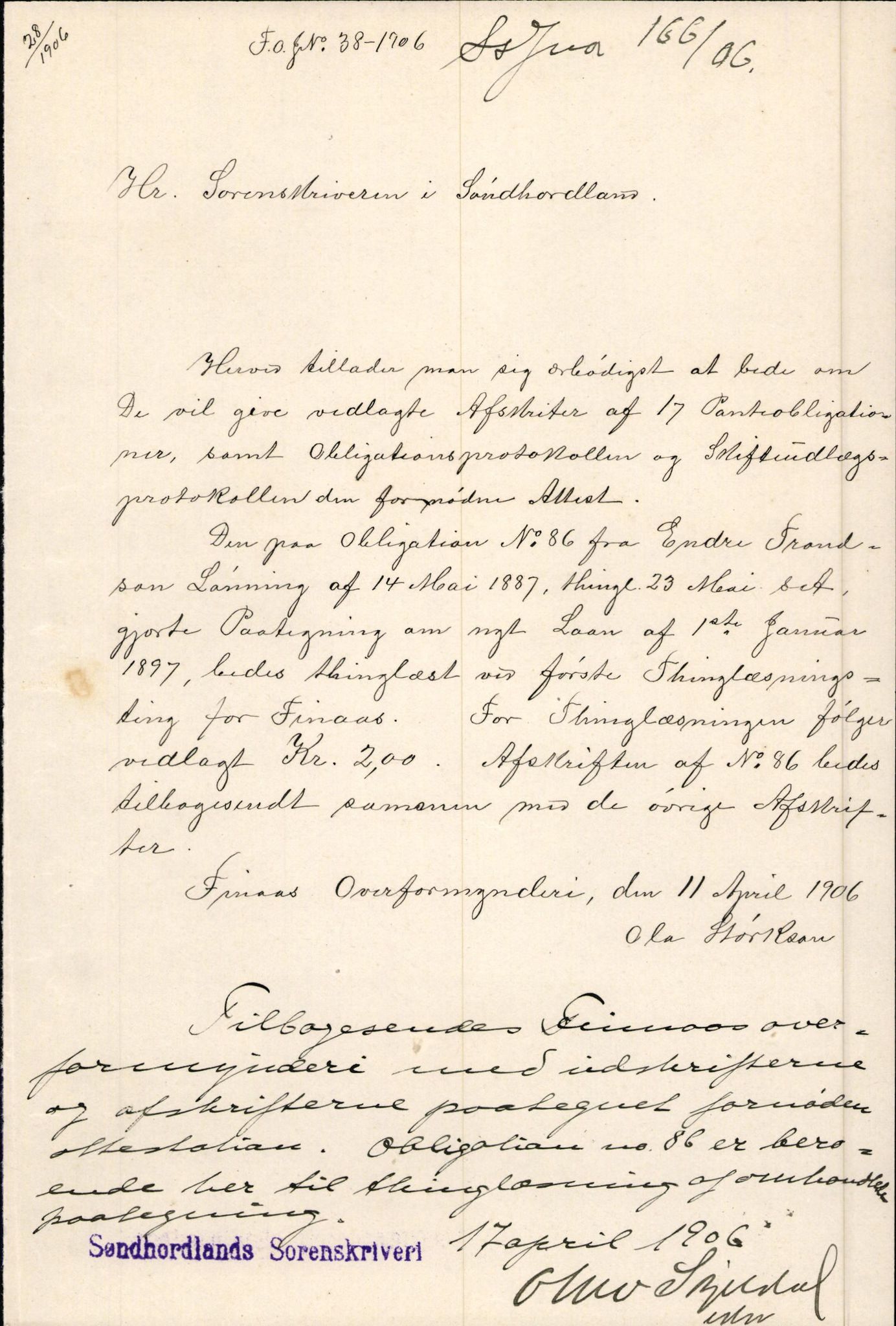 Finnaas kommune. Overformynderiet, IKAH/1218a-812/D/Da/Daa/L0002/0003: Kronologisk ordna korrespondanse / Kronologisk ordna korrespondanse, 1905-1909, s. 62