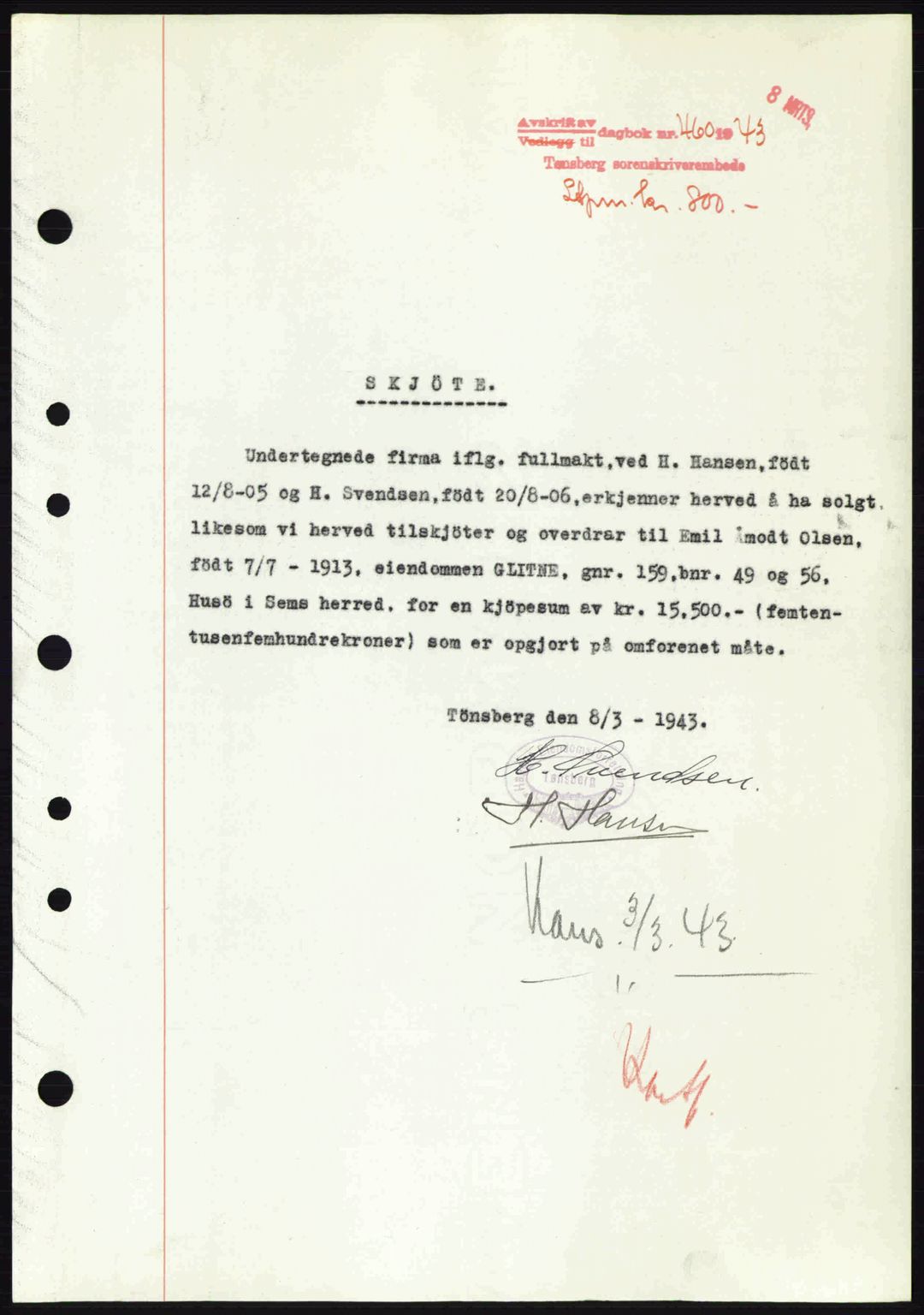 Jarlsberg sorenskriveri, SAKO/A-131/G/Ga/Gaa/L0013: Pantebok nr. A-13, 1942-1943, Dagboknr: 460/1943