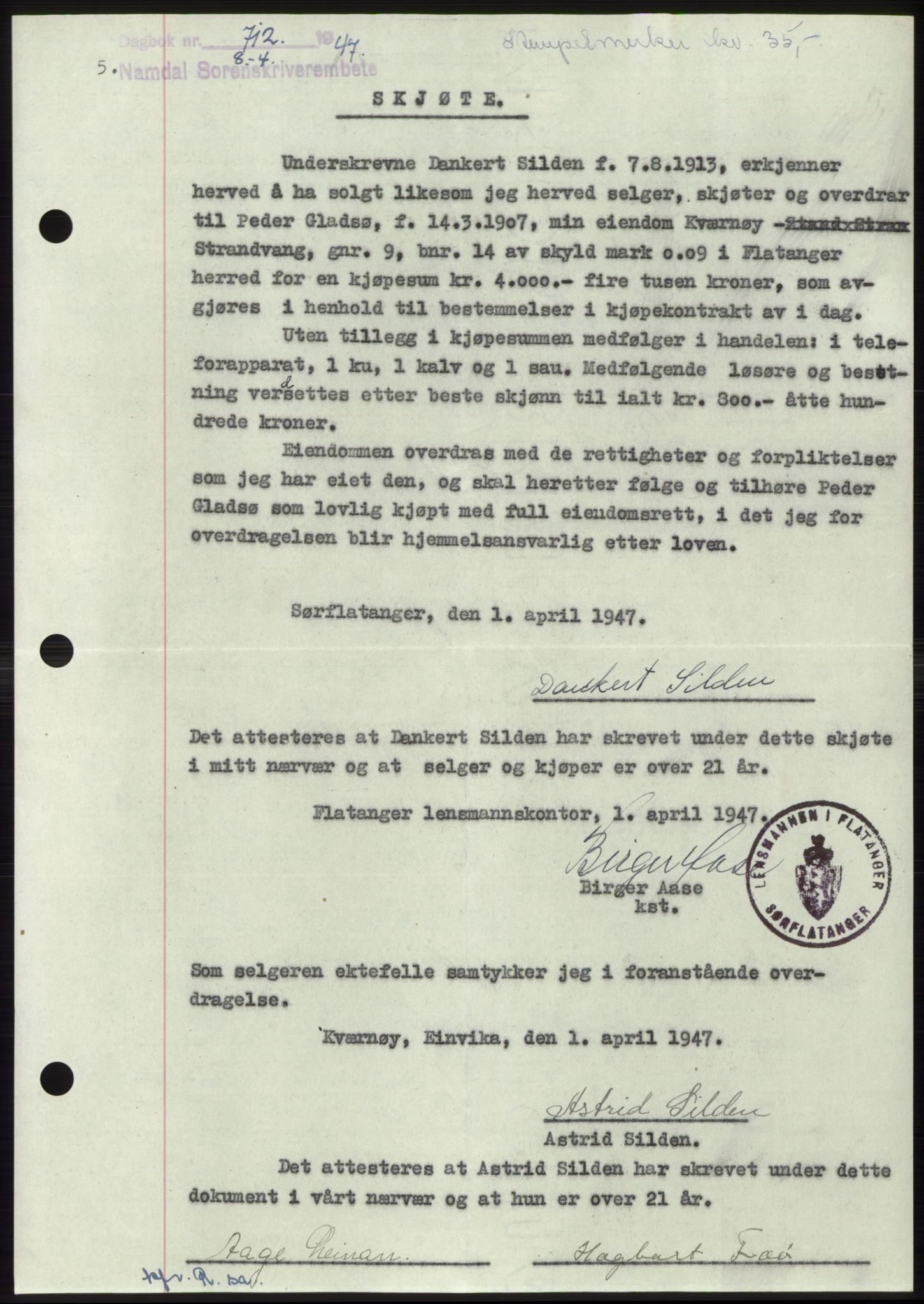 Namdal sorenskriveri, SAT/A-4133/1/2/2C: Pantebok nr. -, 1947-1947, Dagboknr: 712/1947