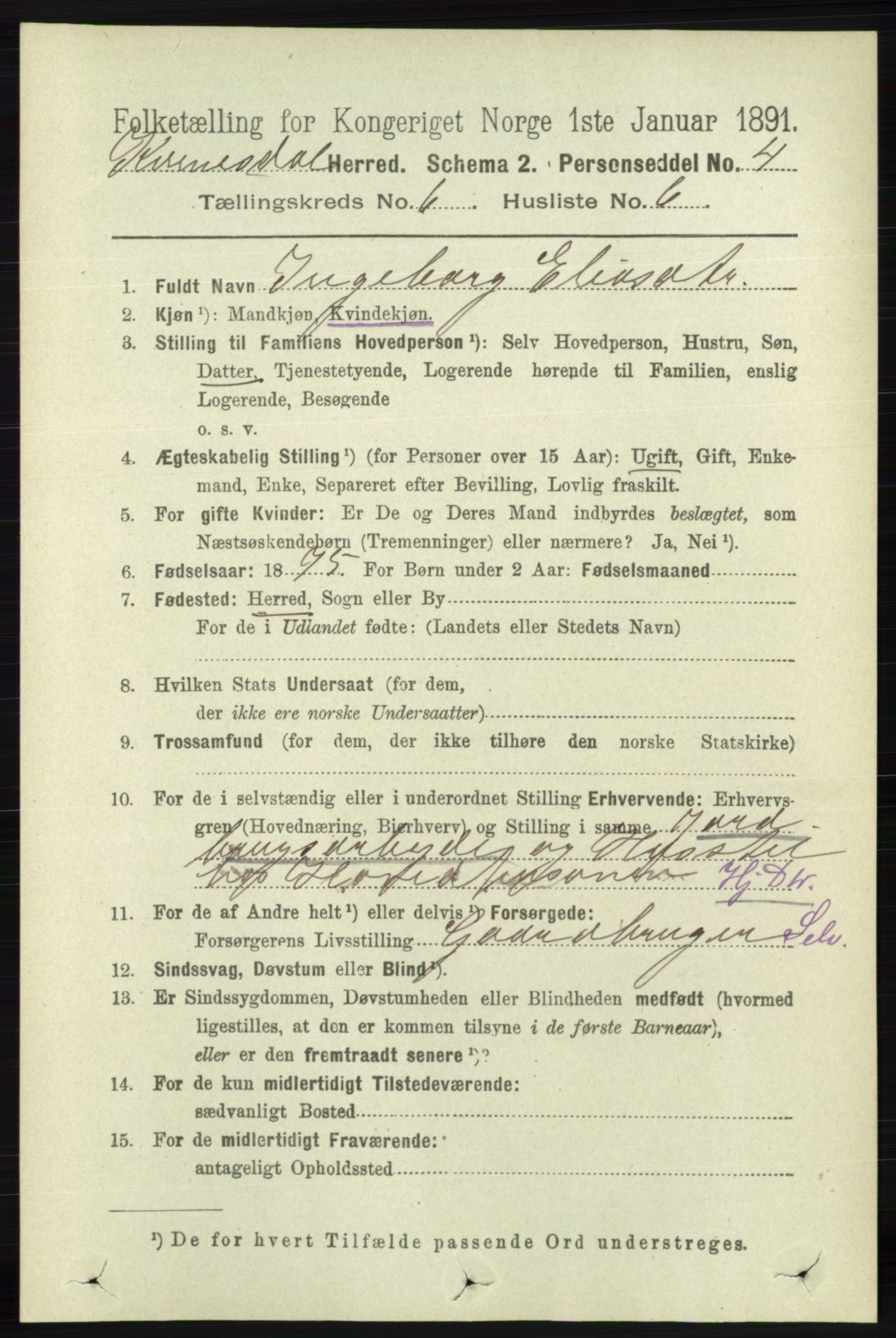 RA, Folketelling 1891 for 1037 Kvinesdal herred, 1891, s. 2137