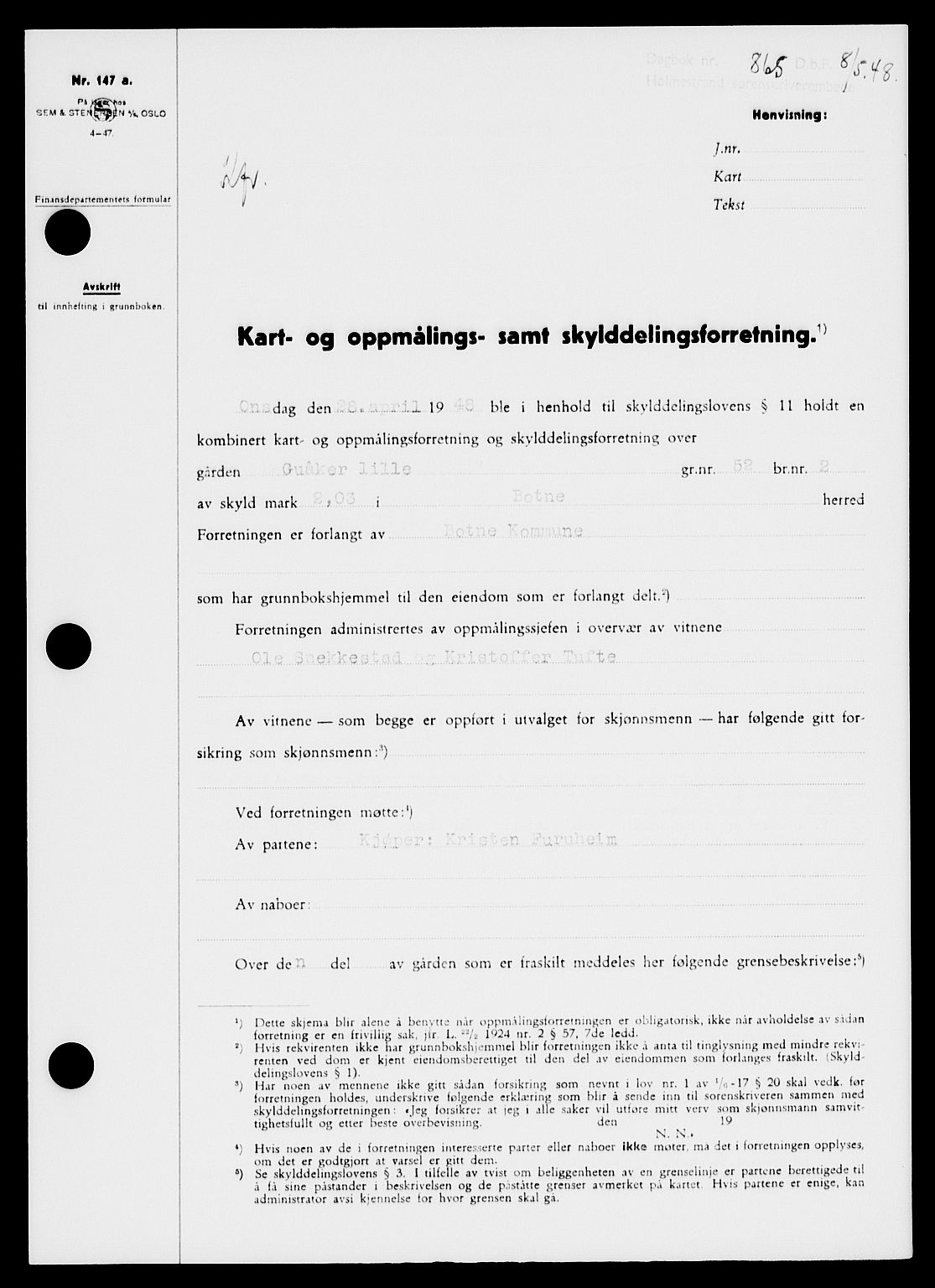 Holmestrand sorenskriveri, SAKO/A-67/G/Ga/Gaa/L0064: Pantebok nr. A-64, 1948-1948, Dagboknr: 865/1948