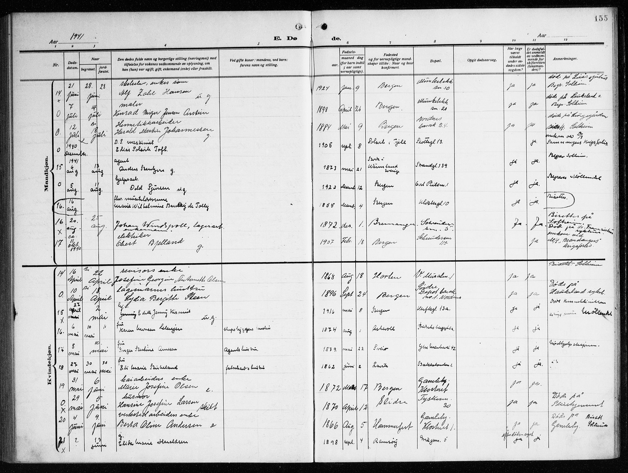 Nykirken Sokneprestembete, AV/SAB-A-77101/H/Haa/L0046: Ministerialbok nr. E 6, 1918-1944, s. 155