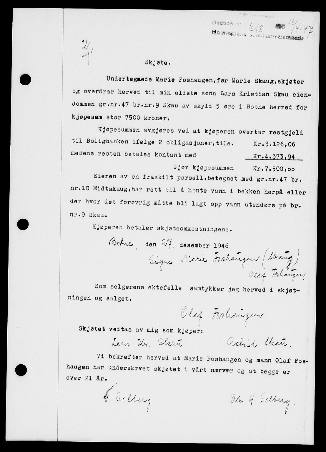 Holmestrand sorenskriveri, SAKO/A-67/G/Ga/Gaa/L0062: Pantebok nr. A-62, 1947-1947, Dagboknr: 618/1947