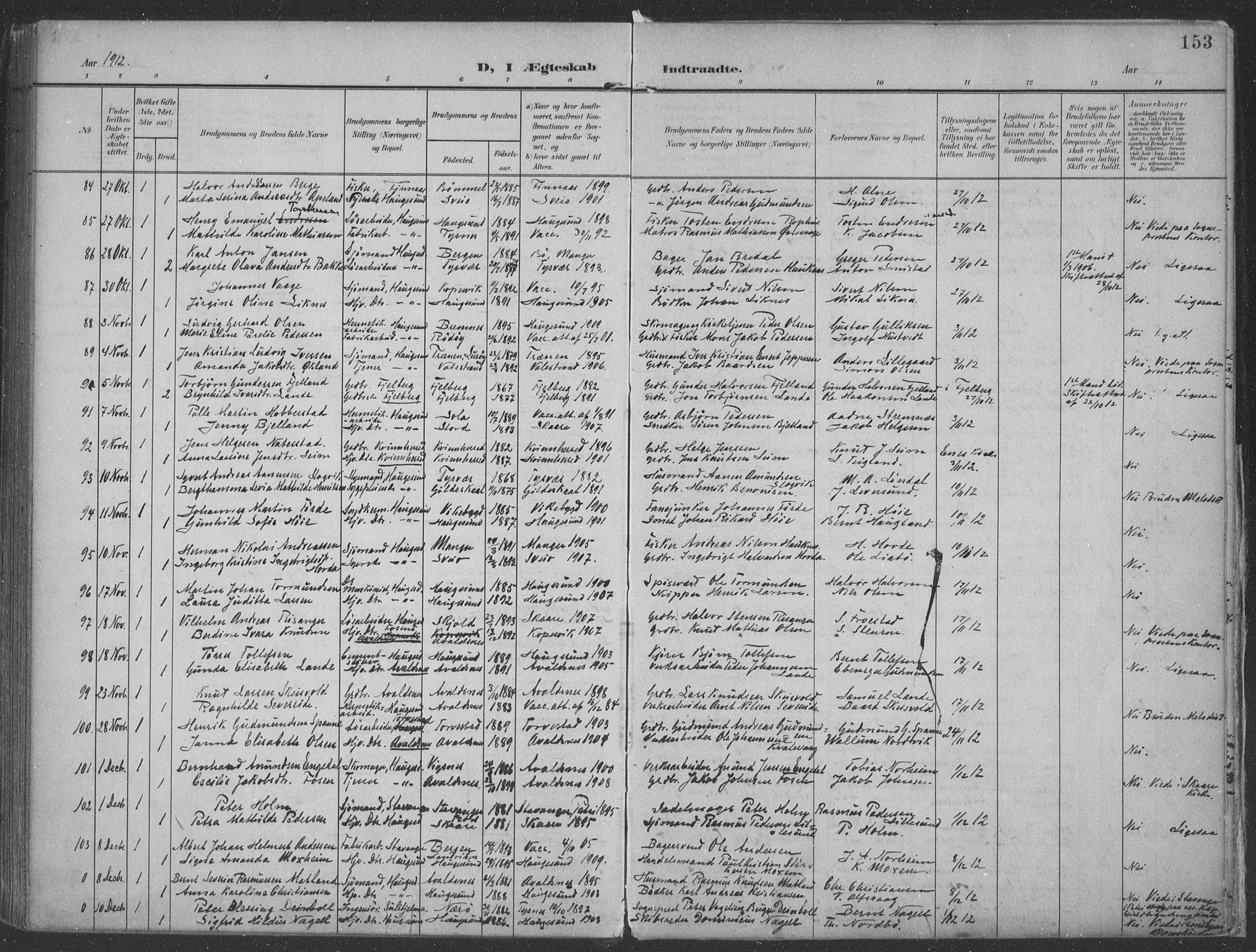Haugesund sokneprestkontor, AV/SAST-A -101863/H/Ha/Haa/L0007: Ministerialbok nr. A 7, 1904-1916, s. 153