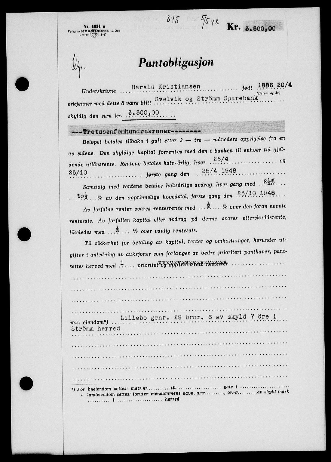 Holmestrand sorenskriveri, SAKO/A-67/G/Ga/Gab/L0058: Pantebok nr. B-58, 1947-1948, Dagboknr: 845/1948