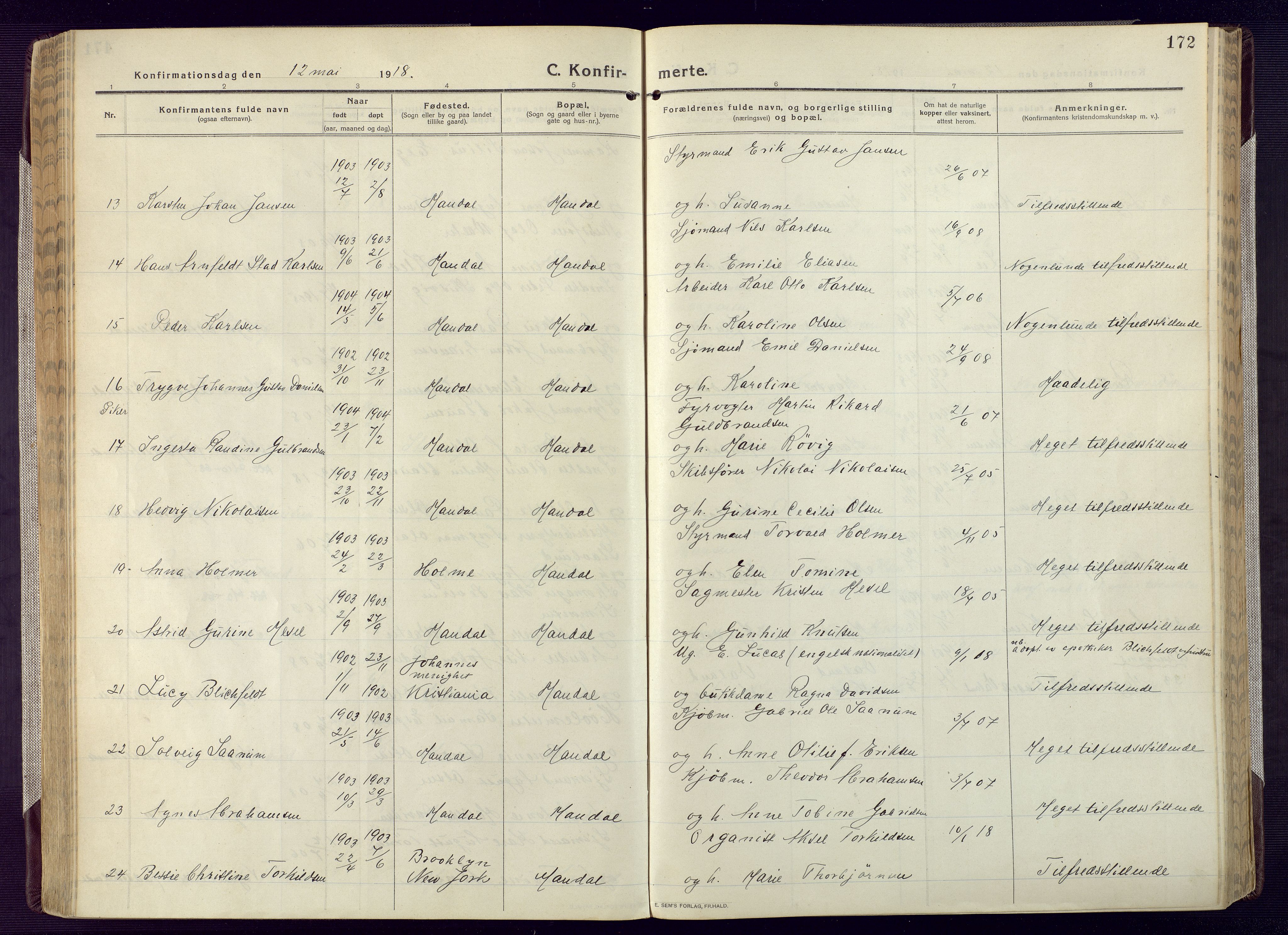 Mandal sokneprestkontor, SAK/1111-0030/F/Fa/Fac/L0001: Ministerialbok nr. A 1, 1913-1925, s. 172