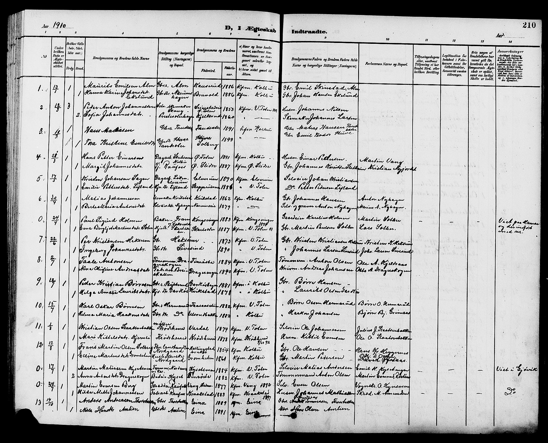 Vestre Toten prestekontor, AV/SAH-PREST-108/H/Ha/Hab/L0010: Klokkerbok nr. 10, 1900-1912, s. 210