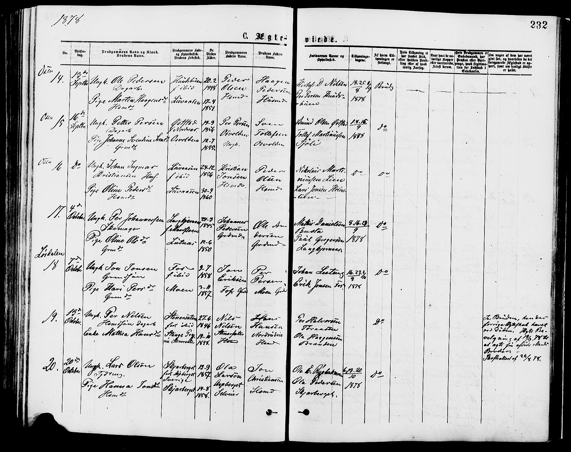 Trysil prestekontor, AV/SAH-PREST-046/H/Ha/Haa/L0007: Ministerialbok nr. 7, 1874-1880, s. 232