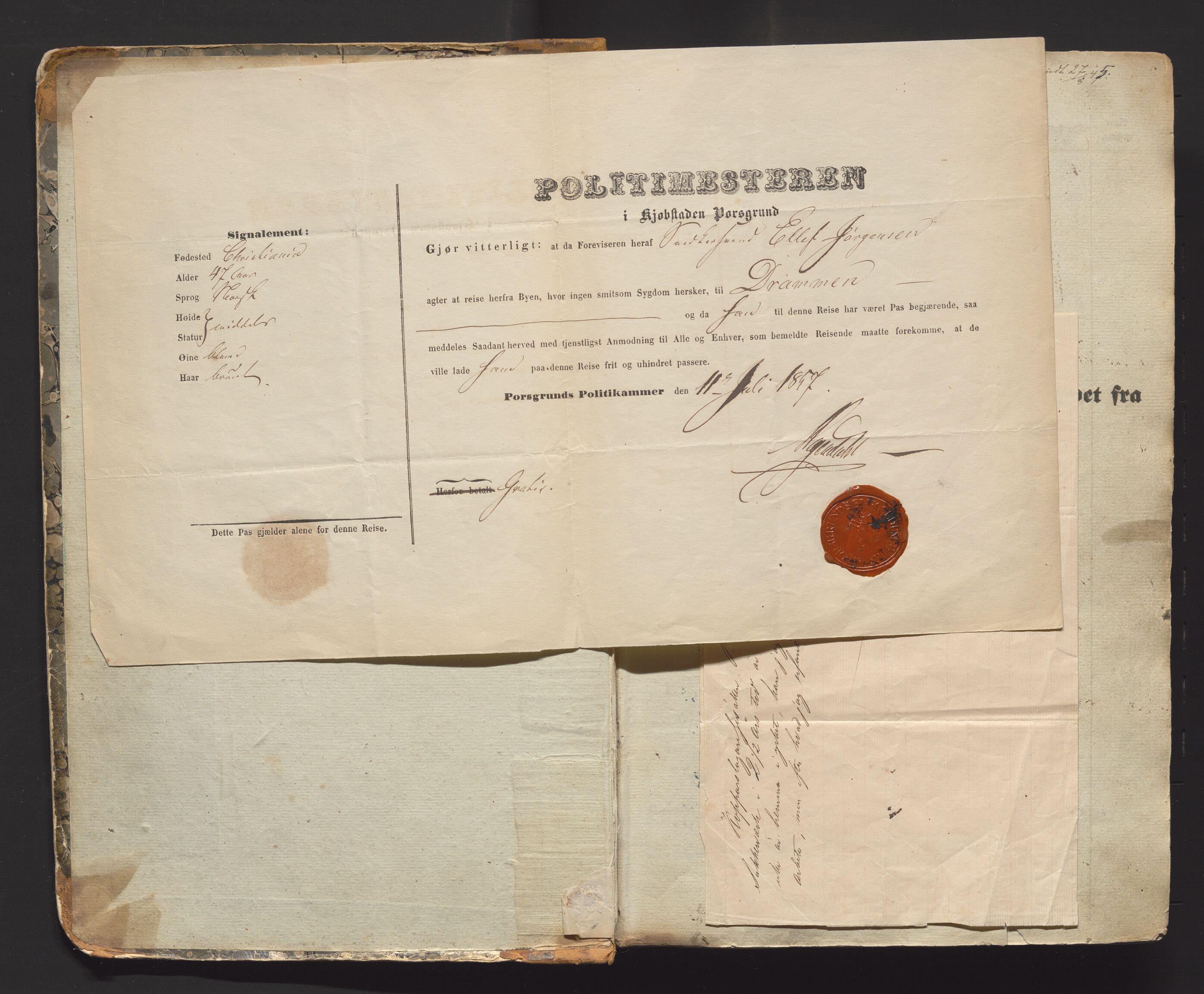 Drammen politikammer, AV/SAKO-A-623/I/Ia/Iaa/L0001: Passjournal, 1845-1860