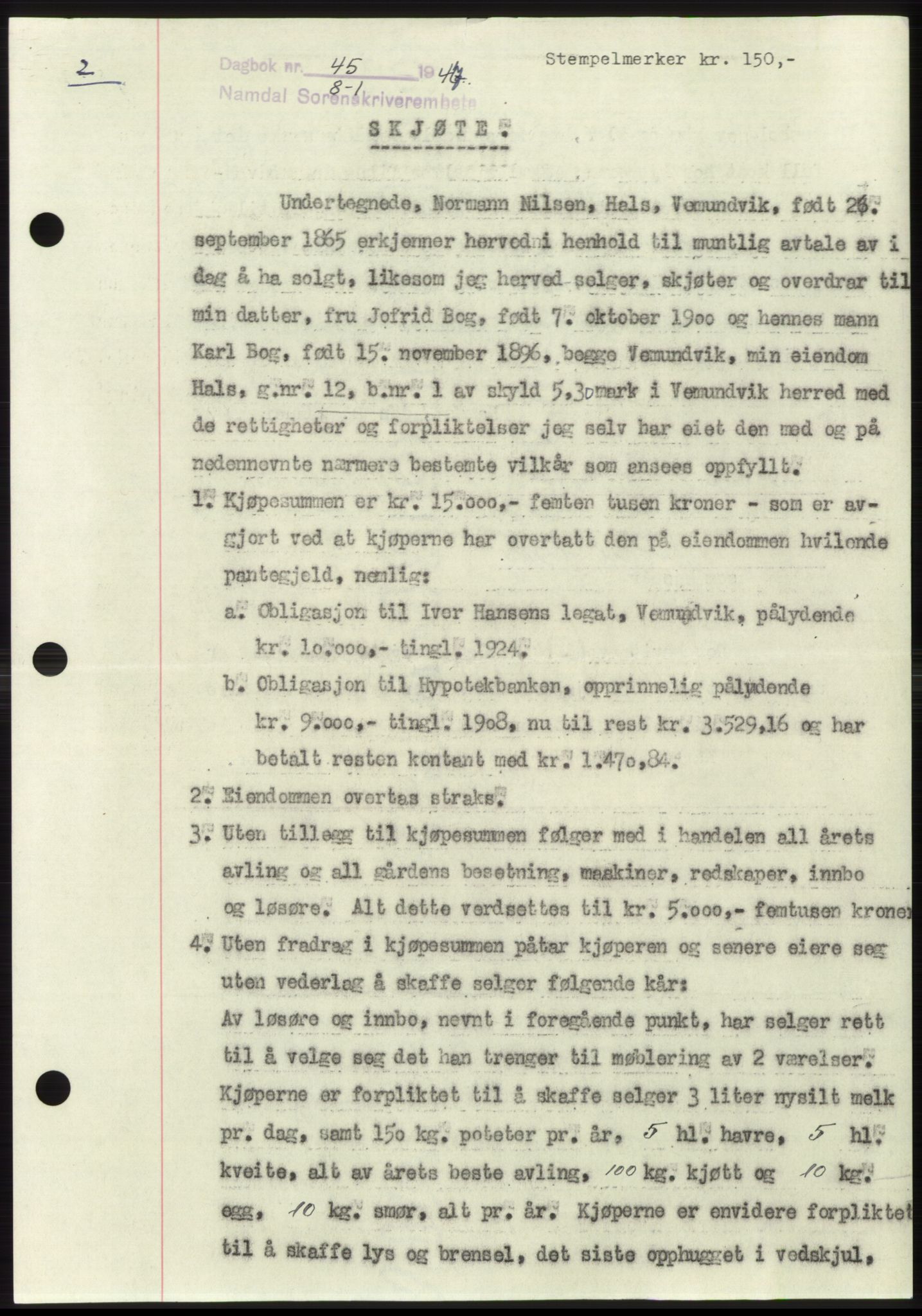 Namdal sorenskriveri, SAT/A-4133/1/2/2C: Pantebok nr. -, 1946-1947, Dagboknr: 45/1947