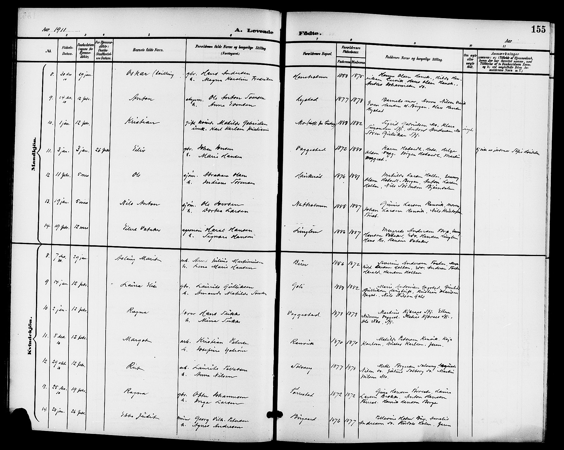 Sandar kirkebøker, AV/SAKO-A-243/G/Ga/L0002: Klokkerbok nr. 2, 1900-1915, s. 155