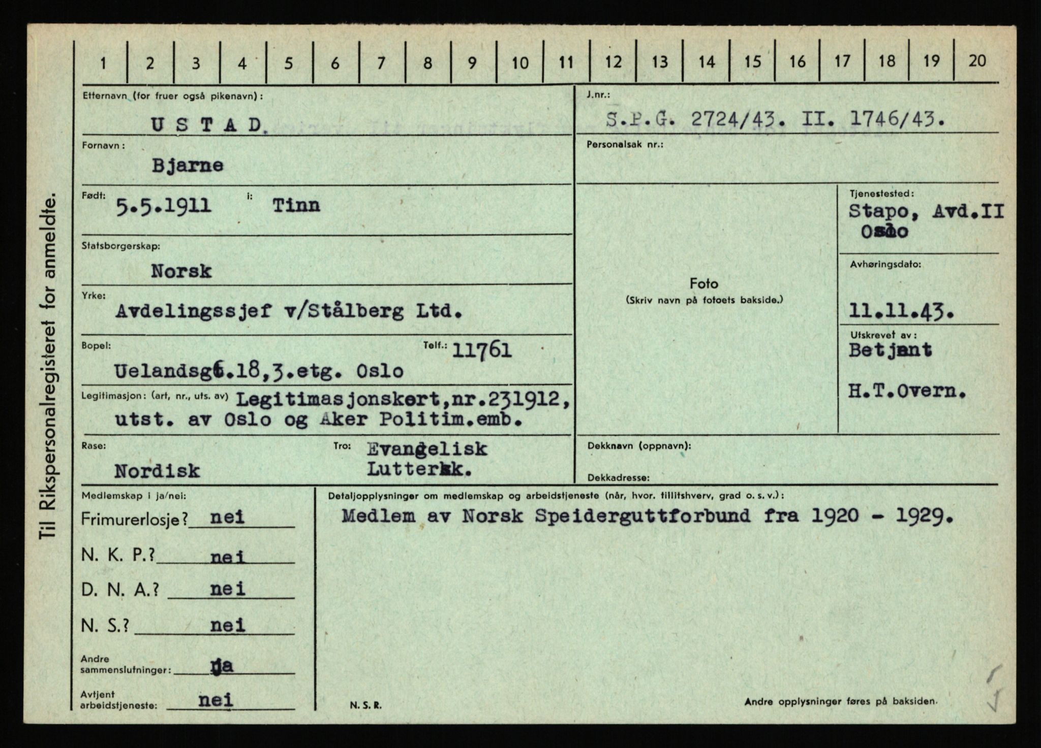 Statspolitiet - Hovedkontoret / Osloavdelingen, AV/RA-S-1329/C/Ca/L0016: Uberg - Øystese, 1943-1945, s. 331