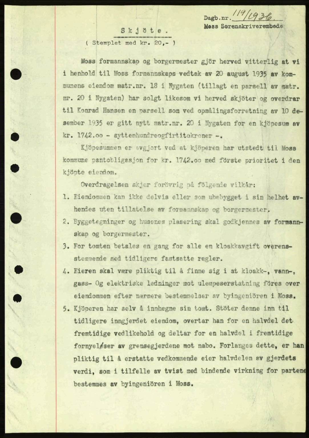 Moss sorenskriveri, SAO/A-10168: Pantebok nr. A1, 1936-1936, Dagboknr: 119/1936