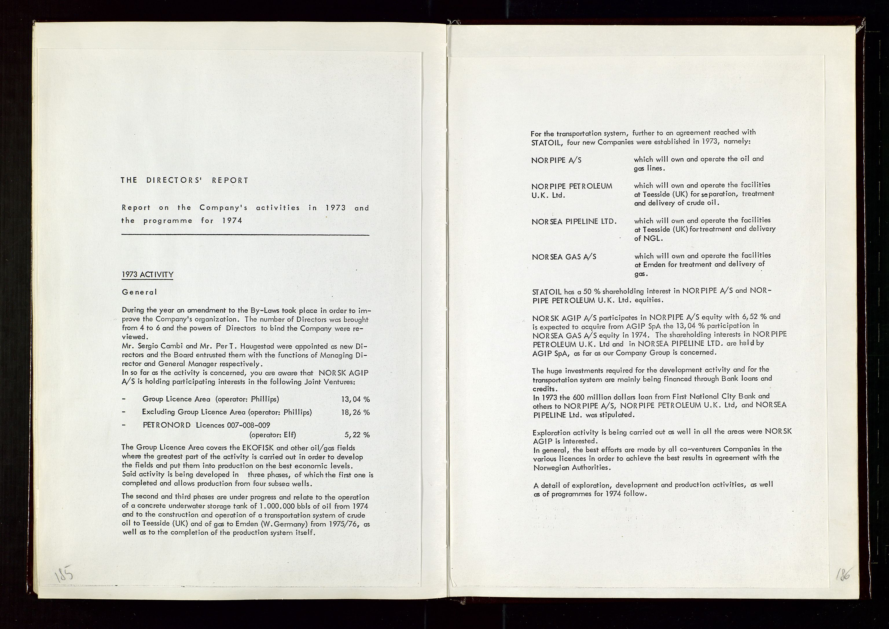 Pa 1583 - Norsk Agip AS, AV/SAST-A-102138/A/Aa/L0002: General assembly and Board of Directors meeting minutes, 1972-1979, s. 185-186