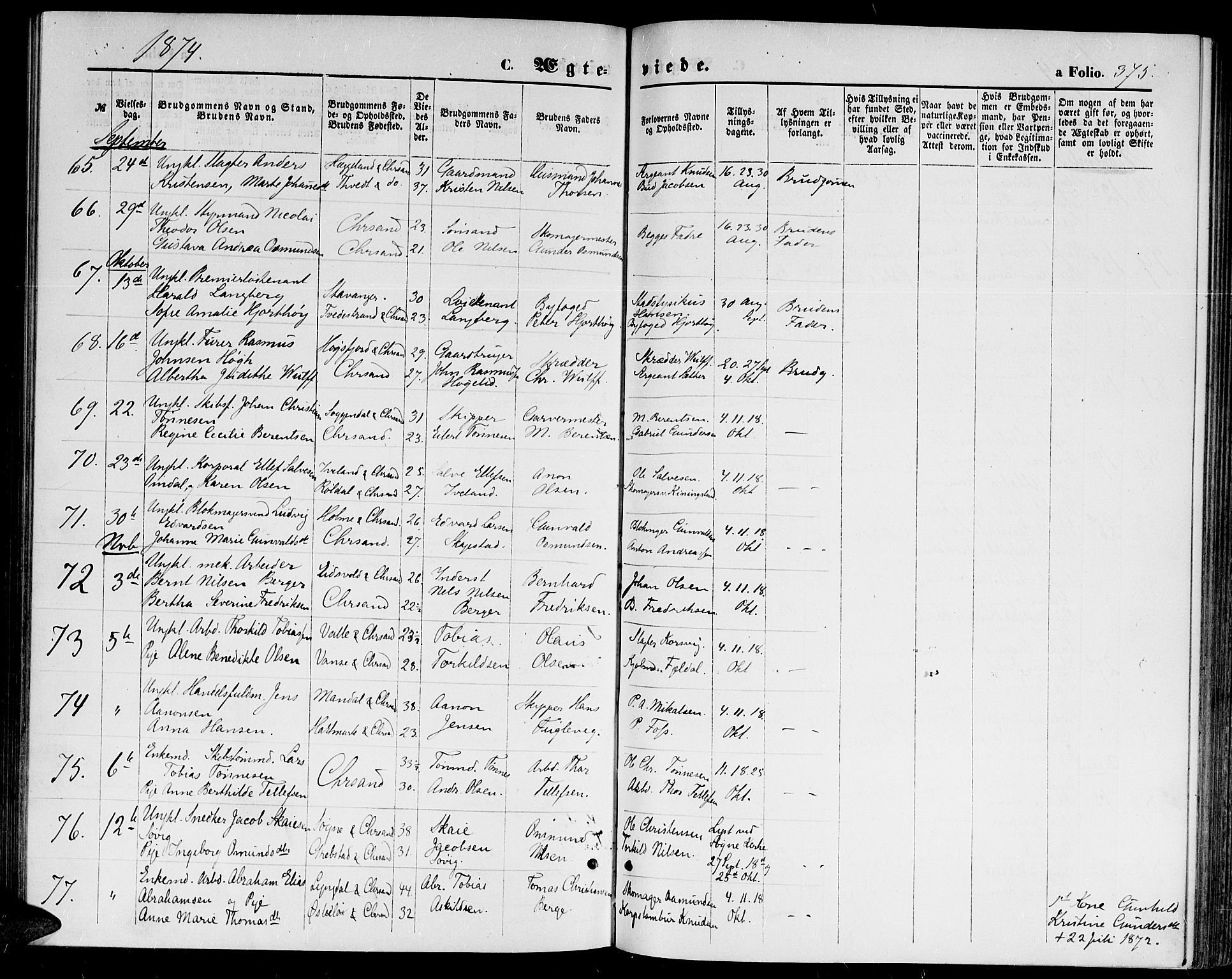Kristiansand domprosti, AV/SAK-1112-0006/F/Fb/L0013: Klokkerbok nr. B 13, 1871-1880, s. 375