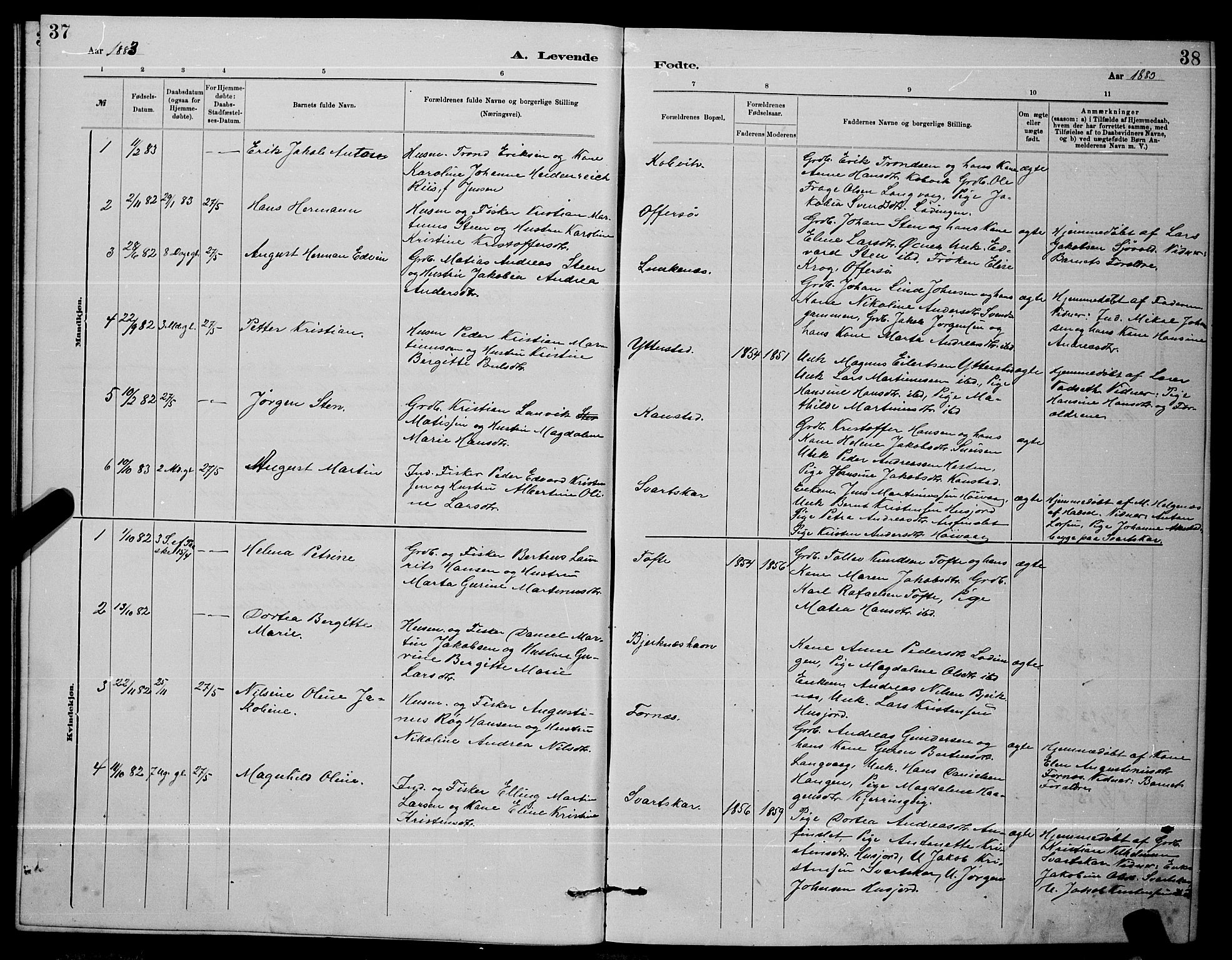 Ministerialprotokoller, klokkerbøker og fødselsregistre - Nordland, AV/SAT-A-1459/872/L1047: Klokkerbok nr. 872C03, 1880-1897, s. 37-38