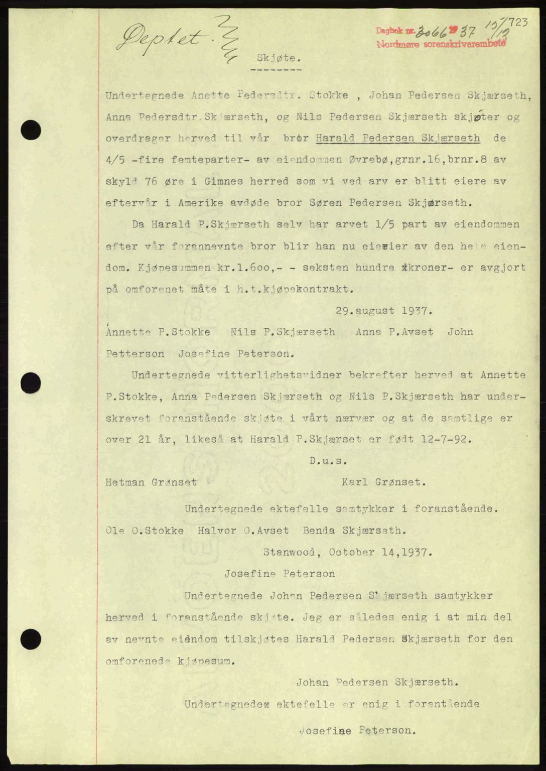 Nordmøre sorenskriveri, SAT/A-4132/1/2/2Ca: Pantebok nr. A82, 1937-1938, Dagboknr: 3066/1937