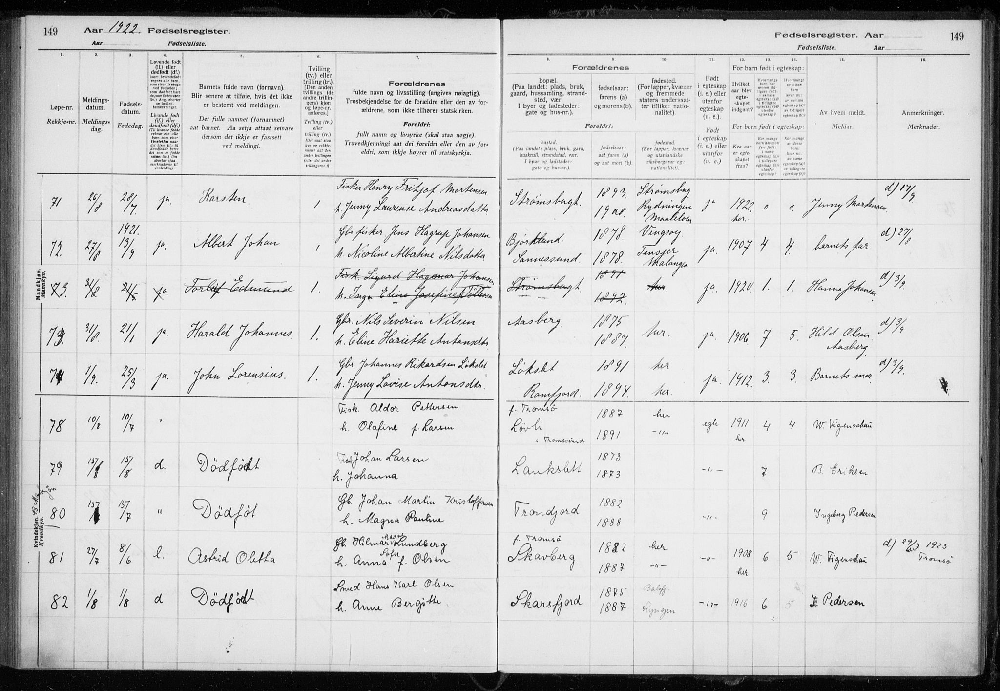 Tromsøysund sokneprestkontor, AV/SATØ-S-1304/H/Ha/L0079: Fødselsregister nr. 79, 1916-1924, s. 149