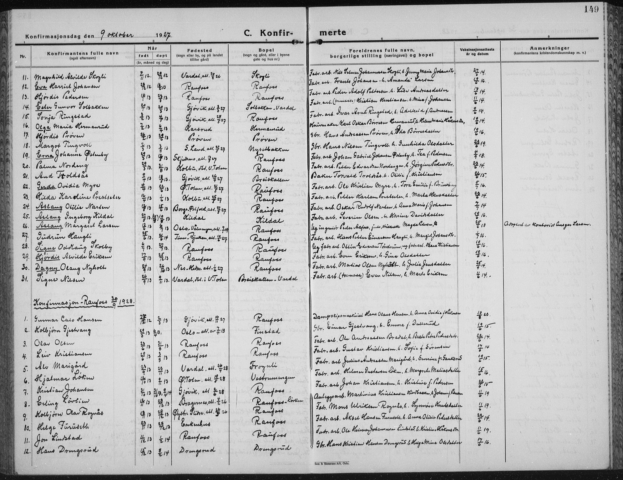 Vestre Toten prestekontor, SAH/PREST-108/H/Ha/Hab/L0018: Klokkerbok nr. 18, 1928-1941, s. 149