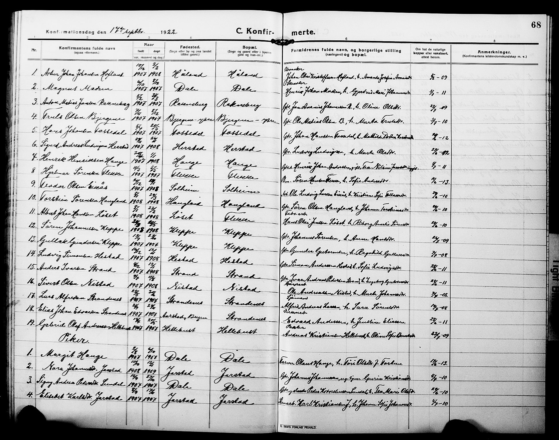 Fjaler sokneprestembete, AV/SAB-A-79801/H/Hab/Habc/L0004: Klokkerbok nr. C 4, 1914-1927, s. 68
