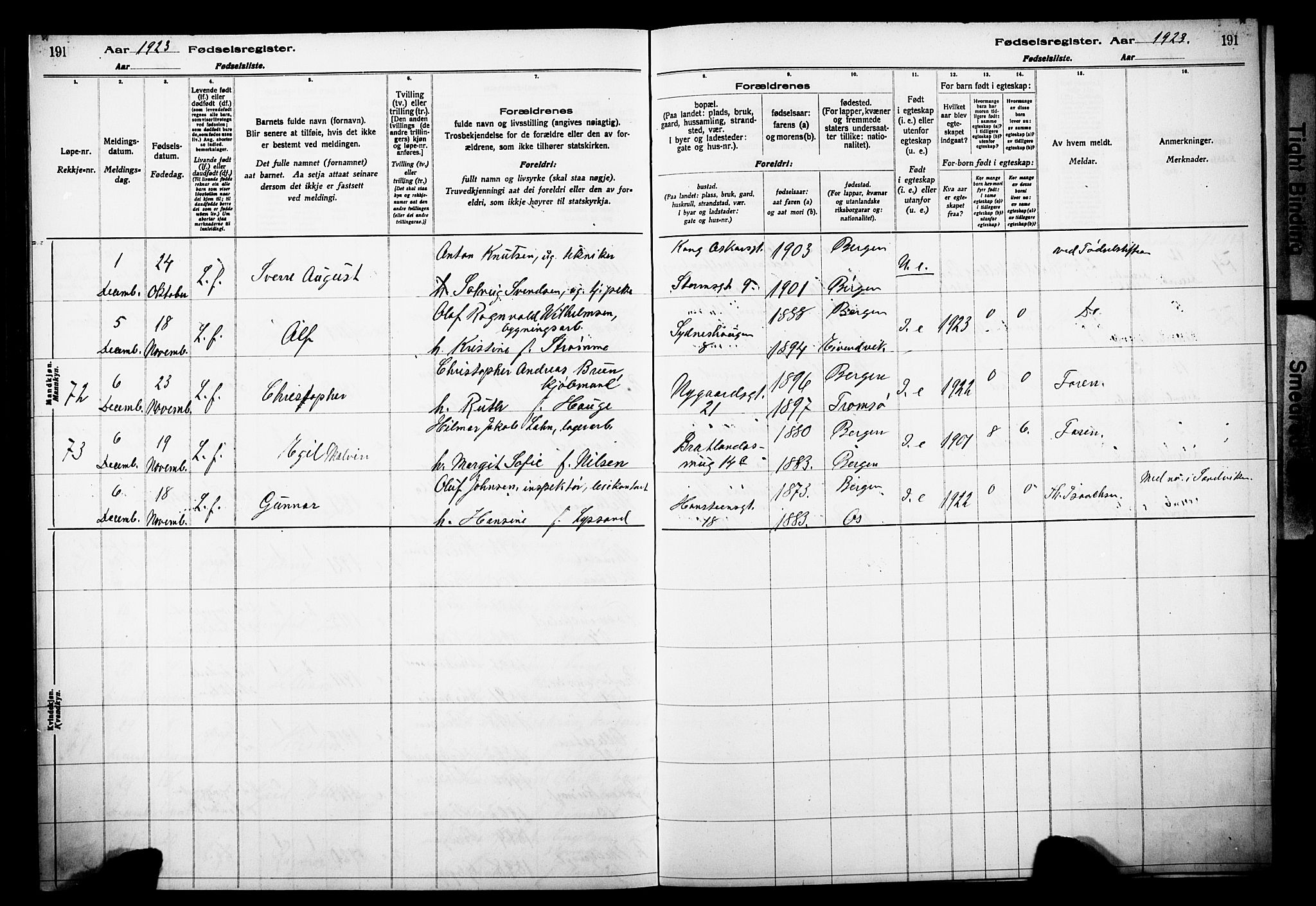 Johanneskirken sokneprestembete, AV/SAB-A-76001/I/Id/L00A1: Fødselsregister nr. A 1, 1916-1924, s. 191