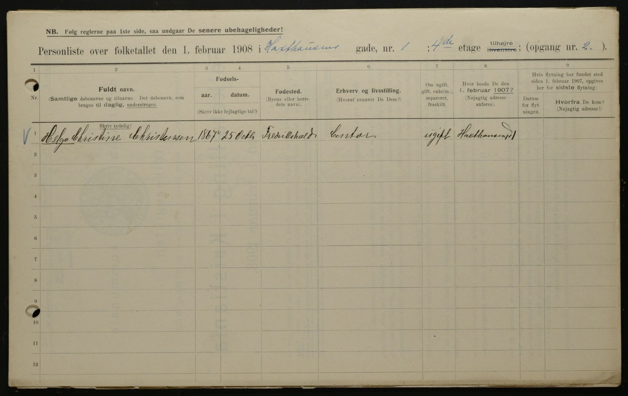 OBA, Kommunal folketelling 1.2.1908 for Kristiania kjøpstad, 1908, s. 32004