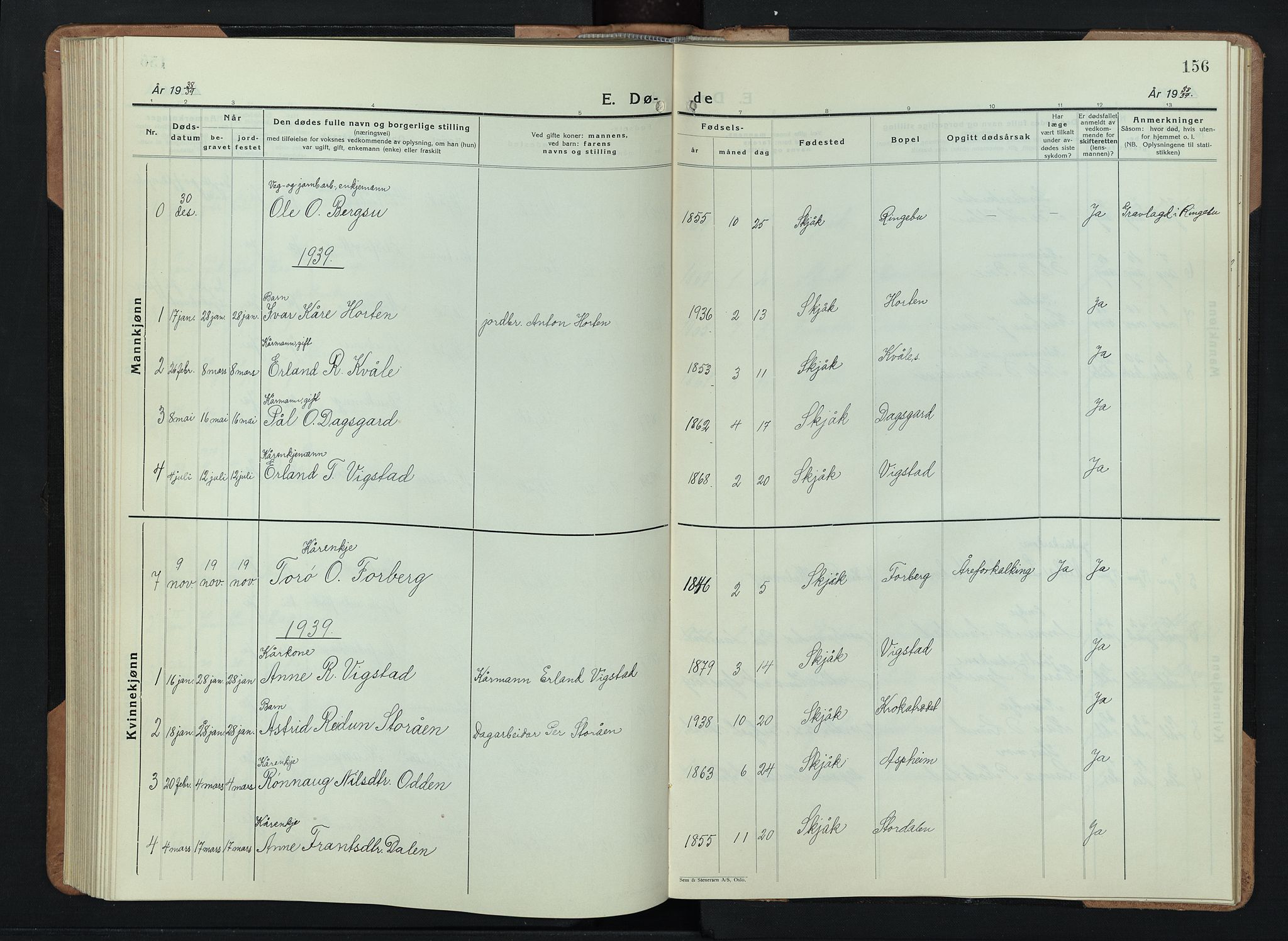 Skjåk prestekontor, AV/SAH-PREST-072/H/Ha/Hab/L0006: Klokkerbok nr. 6, 1933-1954, s. 156