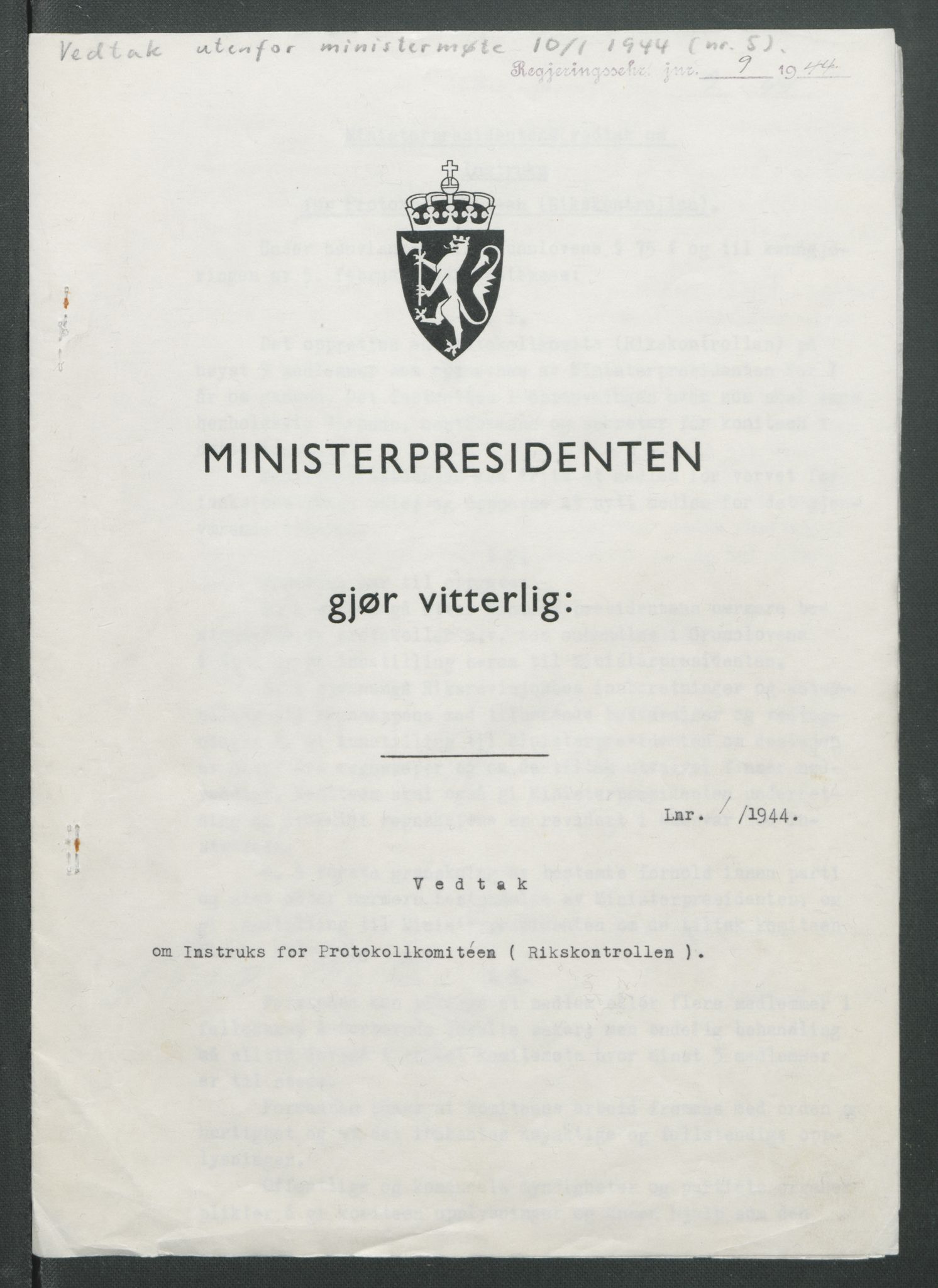 NS-administrasjonen 1940-1945 (Statsrådsekretariatet, de kommisariske statsråder mm), RA/S-4279/D/Db/L0090: Foredrag til vedtak utenfor ministermøte, 1942-1945, s. 154