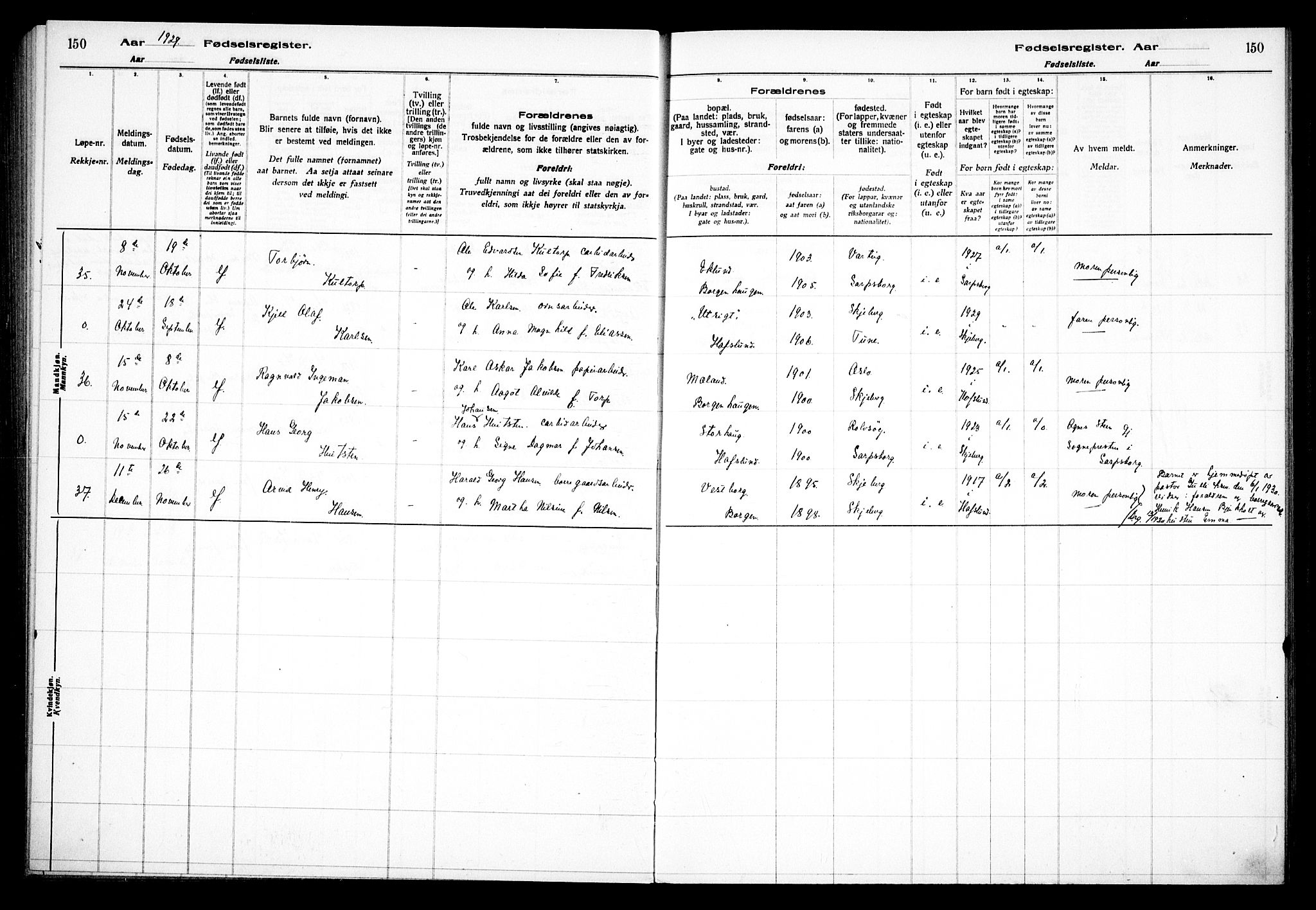 Skjeberg prestekontor Kirkebøker, AV/SAO-A-10923/J/Jd/L0001: Fødselsregister nr. IV 1, 1916-1935, s. 150