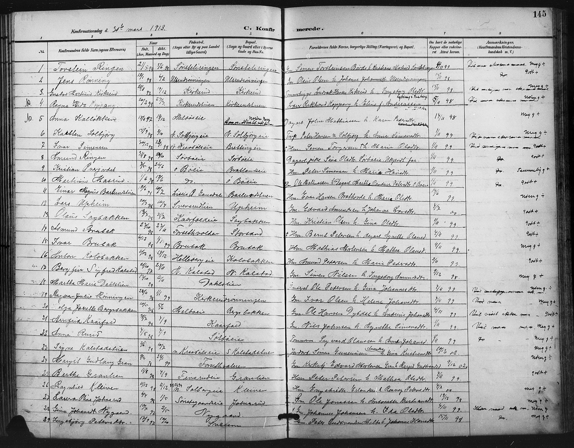 Vestre Gausdal prestekontor, AV/SAH-PREST-094/H/Ha/Hab/L0003: Klokkerbok nr. 3, 1896-1925, s. 145