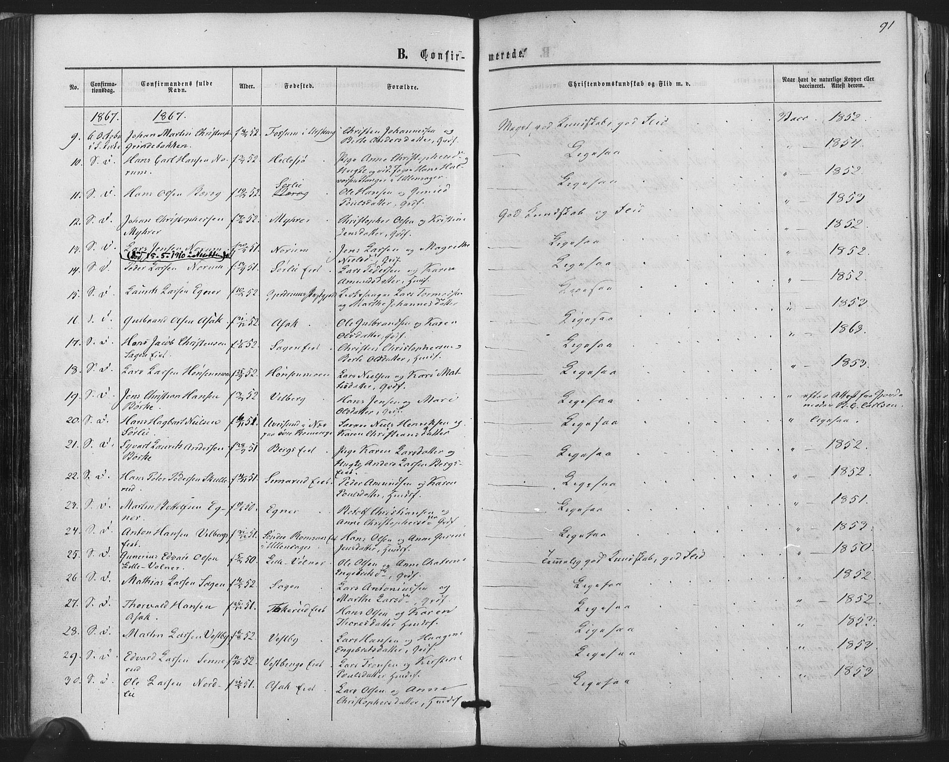 Sørum prestekontor Kirkebøker, AV/SAO-A-10303/F/Fa/L0006: Ministerialbok nr. I 6, 1864-1877, s. 91