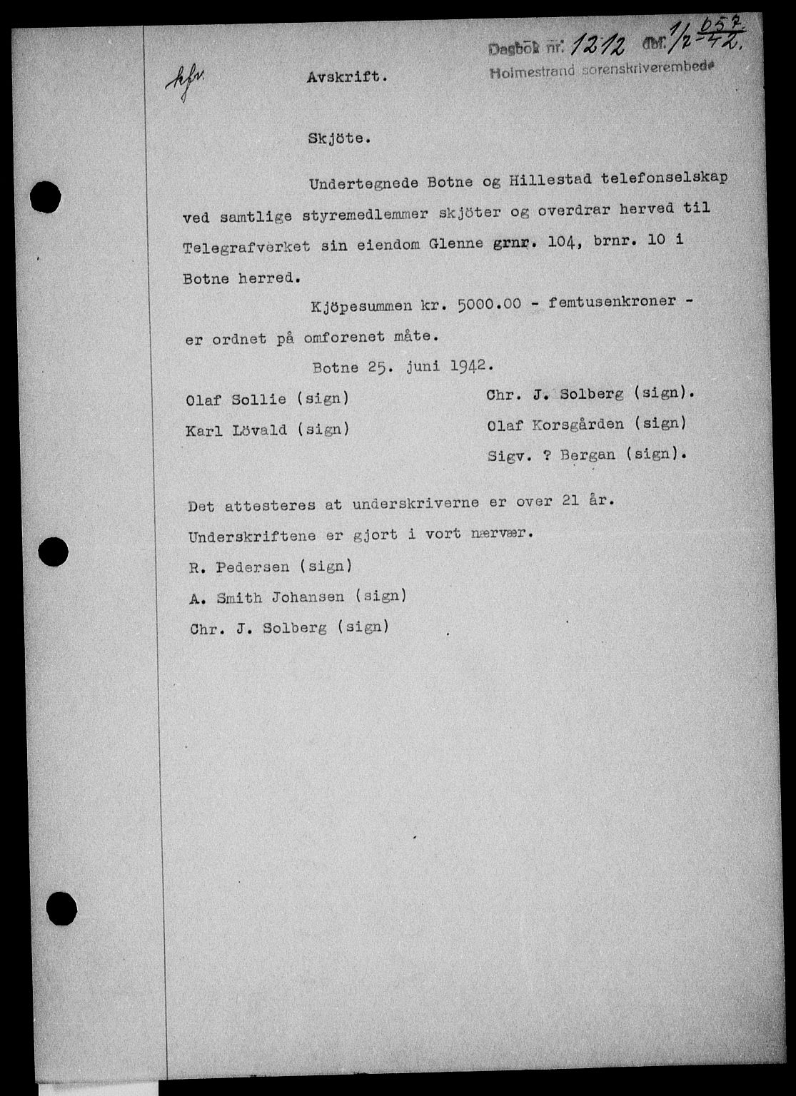 Holmestrand sorenskriveri, SAKO/A-67/G/Ga/Gaa/L0055: Pantebok nr. A-55, 1942-1942, Dagboknr: 1212/1942
