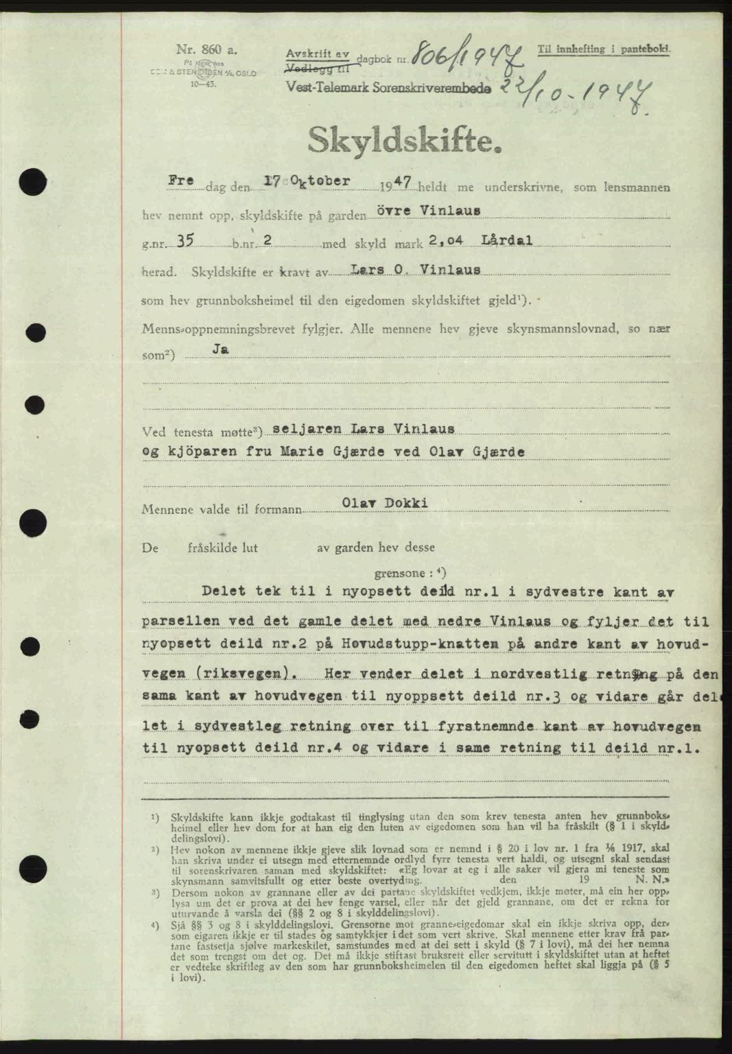 Vest-Telemark sorenskriveri, SAKO/A-134/G/Ga/Gac/L0008: Pantebok nr. A-8, 1947-1948, Dagboknr: 806/1947