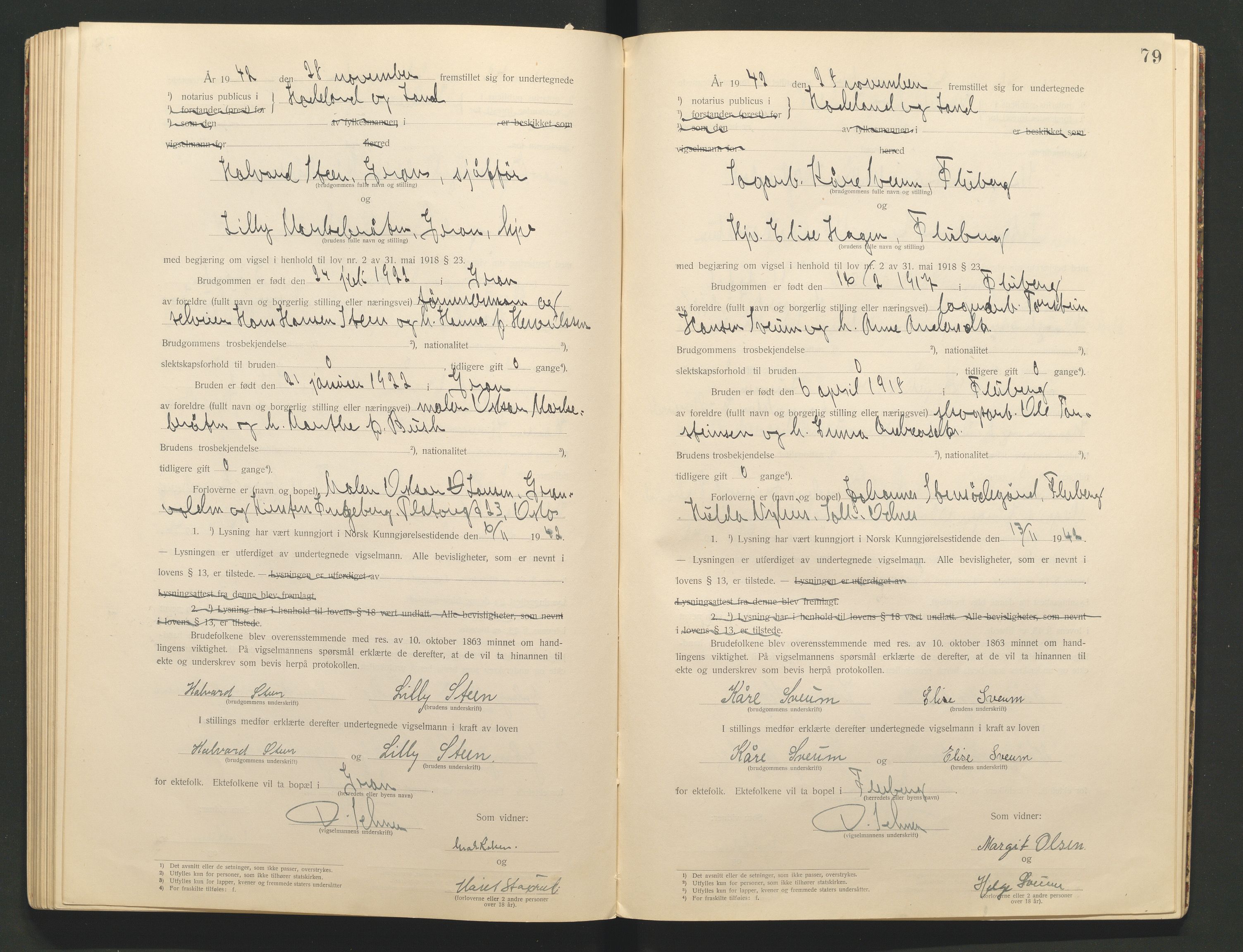 Hadeland og Land tingrett, AV/SAH-TING-010/L/Lb/L0001: Vigselbok, 1920-1943, s. 79