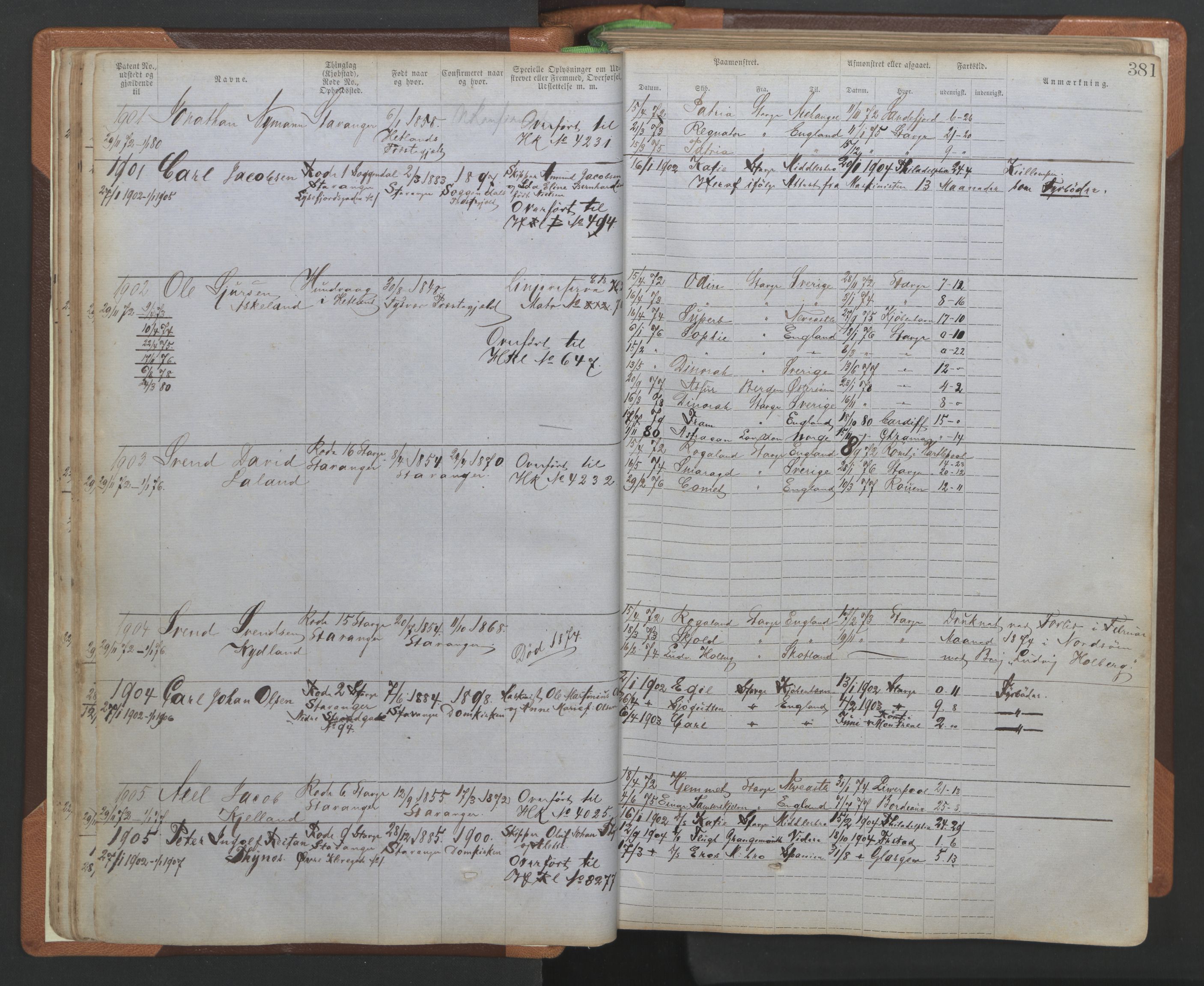 Stavanger sjømannskontor, AV/SAST-A-102006/F/Ff/L0005: Annotasjonsrulle No 1, patentnr. 1786-3585 (del 2), 1872-1900, s. 28