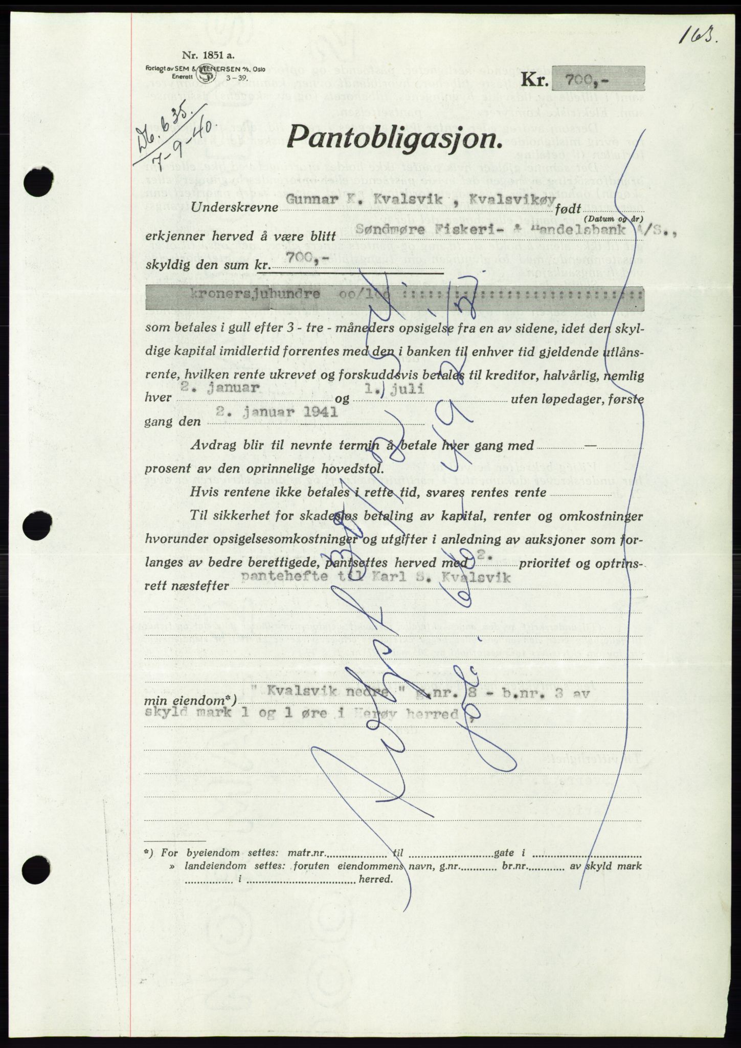 Søre Sunnmøre sorenskriveri, AV/SAT-A-4122/1/2/2C/L0070: Pantebok nr. 64, 1940-1941, Dagboknr: 635/1940